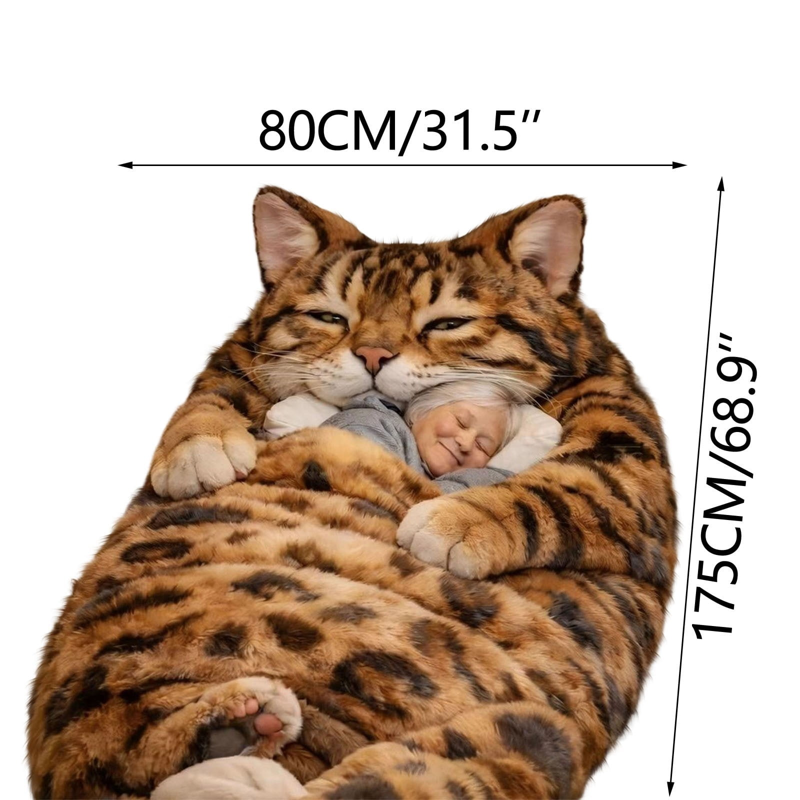 Eine Person schläft in einem riesigen Plüschkatzenbett (80x175 cm) mit Maßangaben.