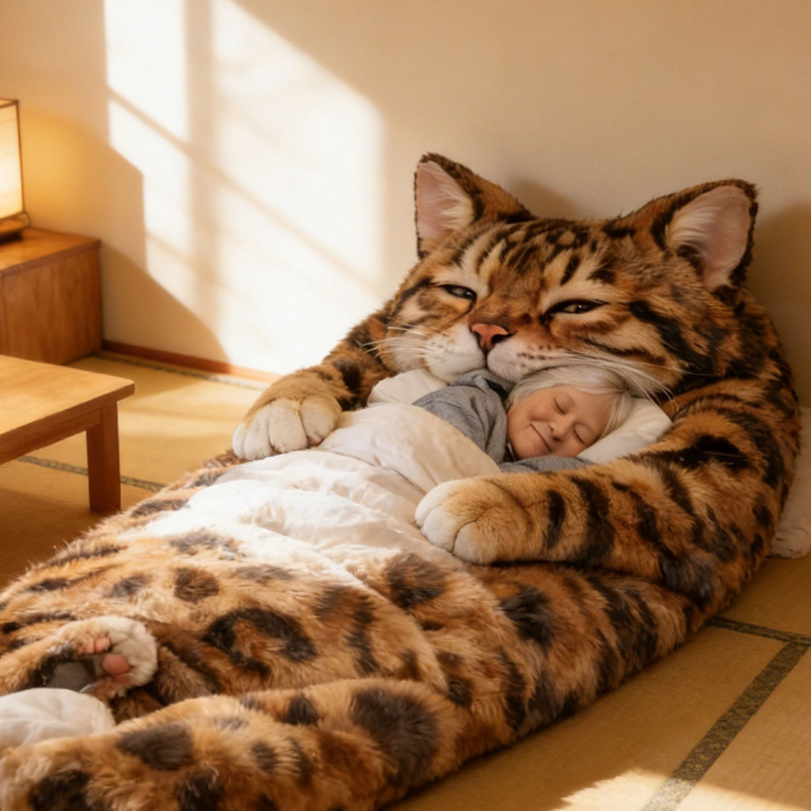 Ein Kind schläft friedlich in einem Schlafsack, der wie eine große gefleckte Katze geformt ist.