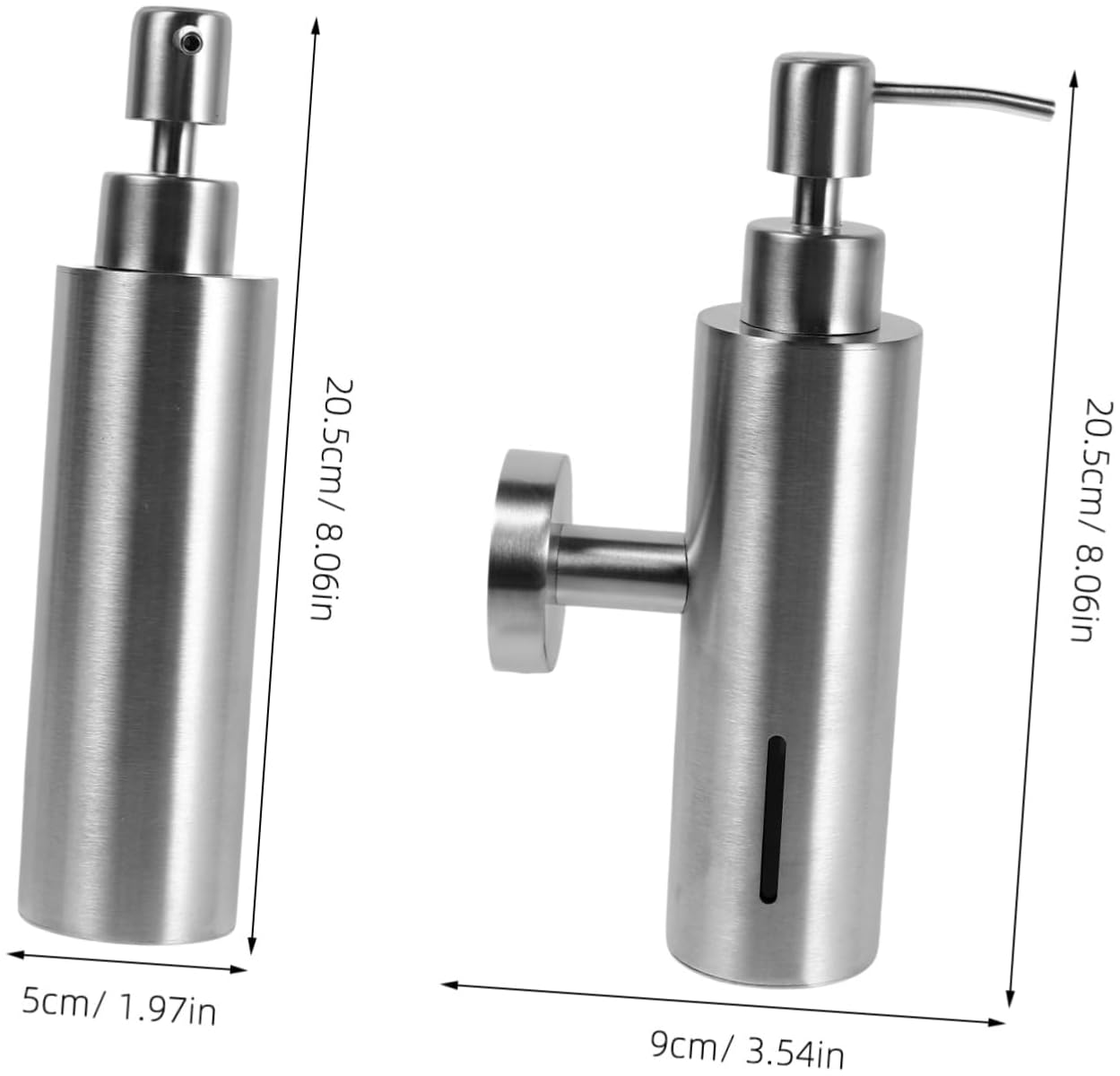Zwei Edelstahlseifenspender mit Maßangaben: 20.5 cm Höhe, 5 cm und 9 cm Breite.