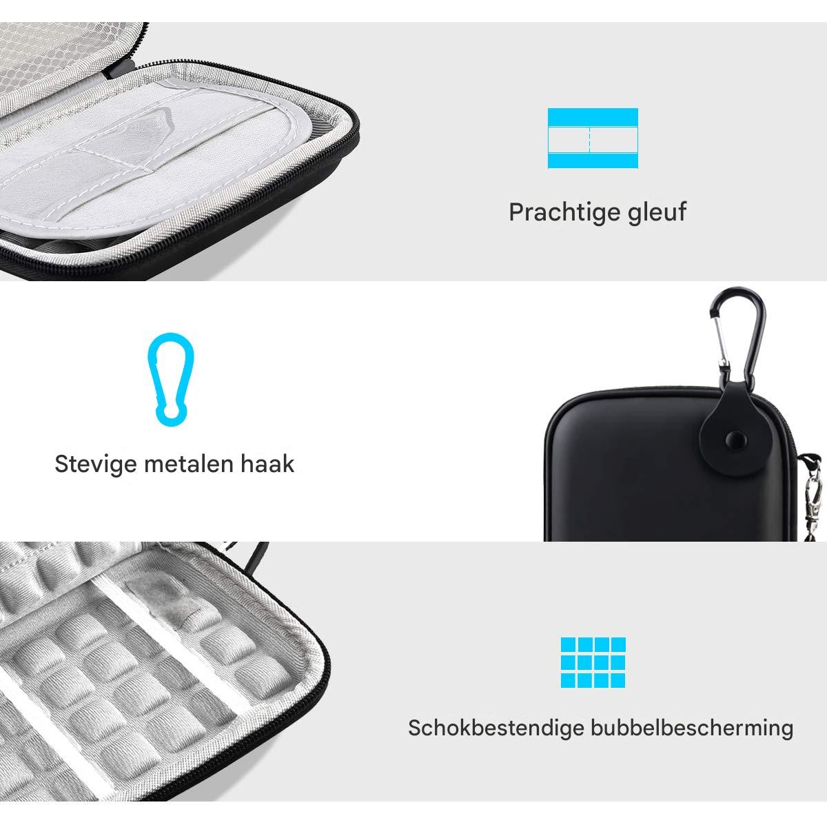 Produktmerkmale einer schwarzen Hartschale mit Taschen, Metallhaken und stoßfester Innenseite.