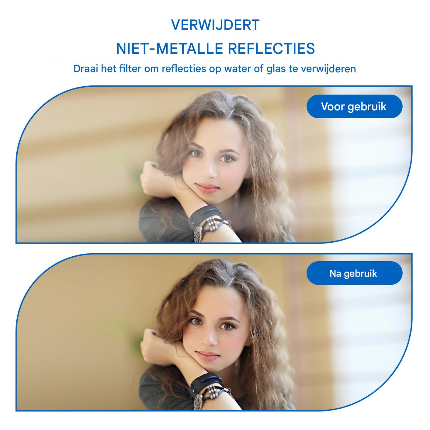 Vergleich zweier Bilder einer Frau mit welligem Haar, vor und nach der Filteranwendung zur Reflexionsentfernung.