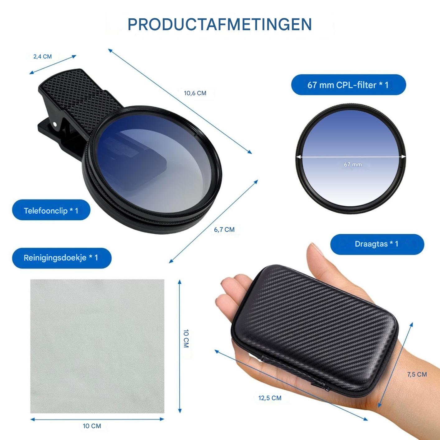 Produktabmessungen mit Telefonclip, CPL-Filter, Reinigungstuch und Tragetasche samt Maßen.