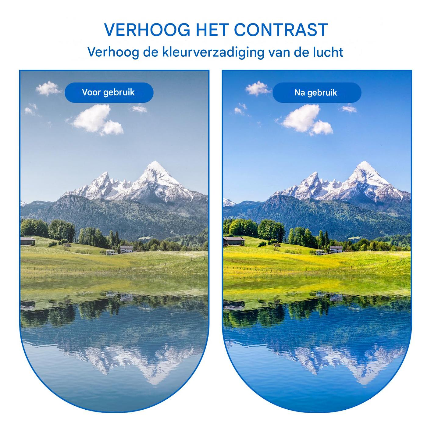 Vorher-Nachher-Vergleich zeigt eine Berglandschaft mit See, wobei das rechte Bild mehr Farbkontrast aufweist.