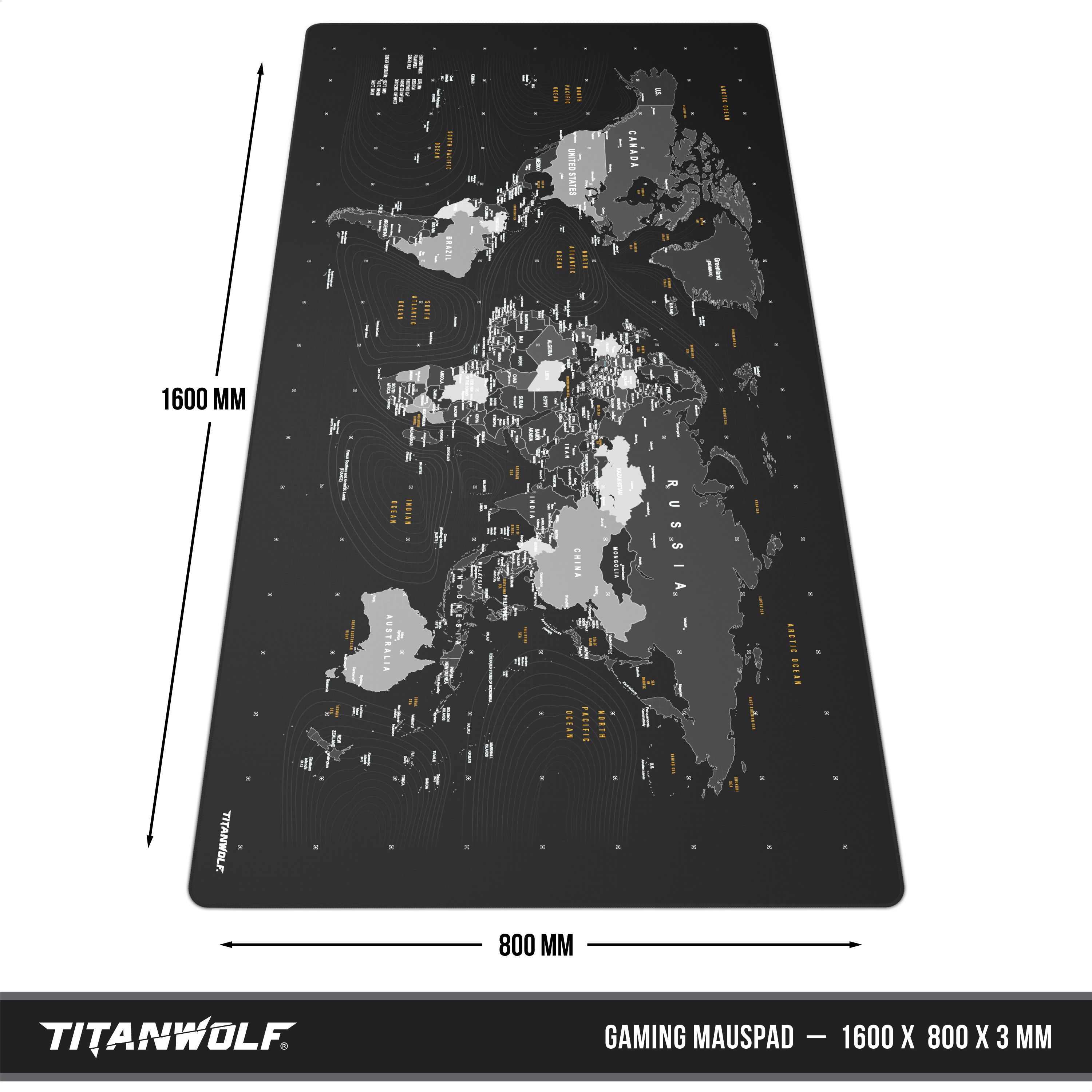 Ein schwarzes Weltkarten-Gaming-Mauspad mit 1600 x 800 x 3 mm und dem Titanwolf-Logo.