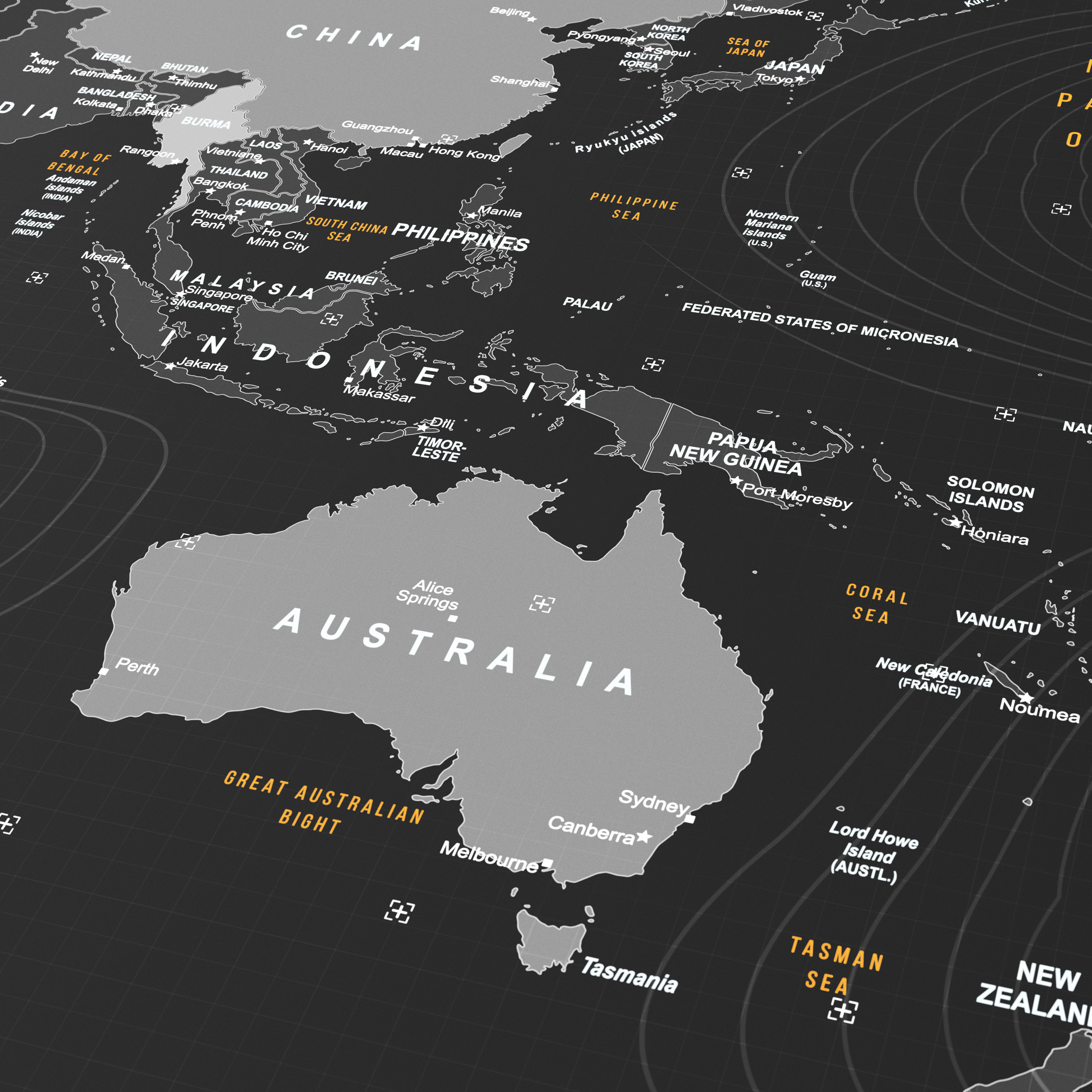 Eine stilisierte, dunkle Weltkarte, die Australien, Südostasien und umgebende Ozeane zeigt.