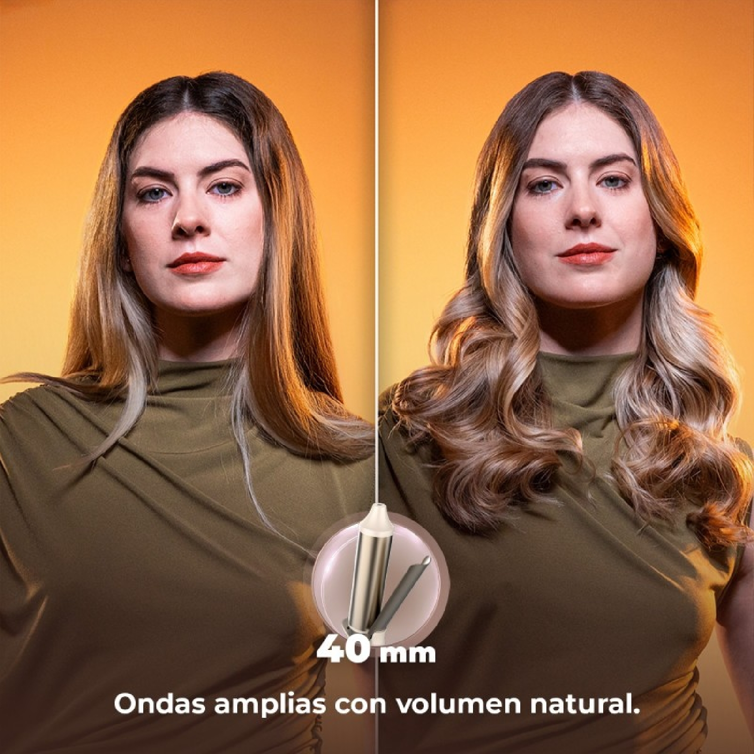 Comparación antes y después del cabello de una mujer peinado con moldeador de 40 mm.