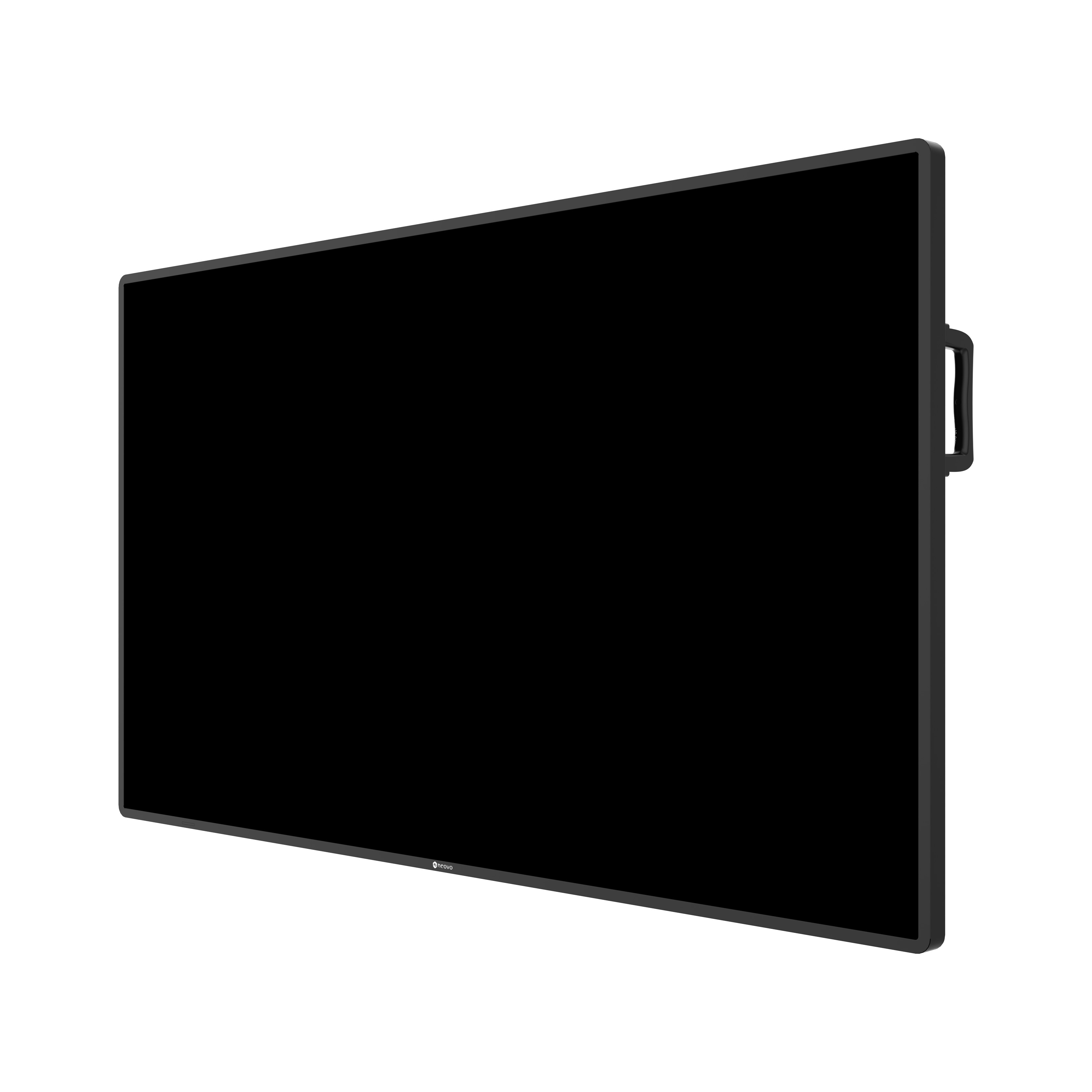 Un grande monitor a schermo piatto nero con cornice sottile e maniglia laterale su sfondo bianco.