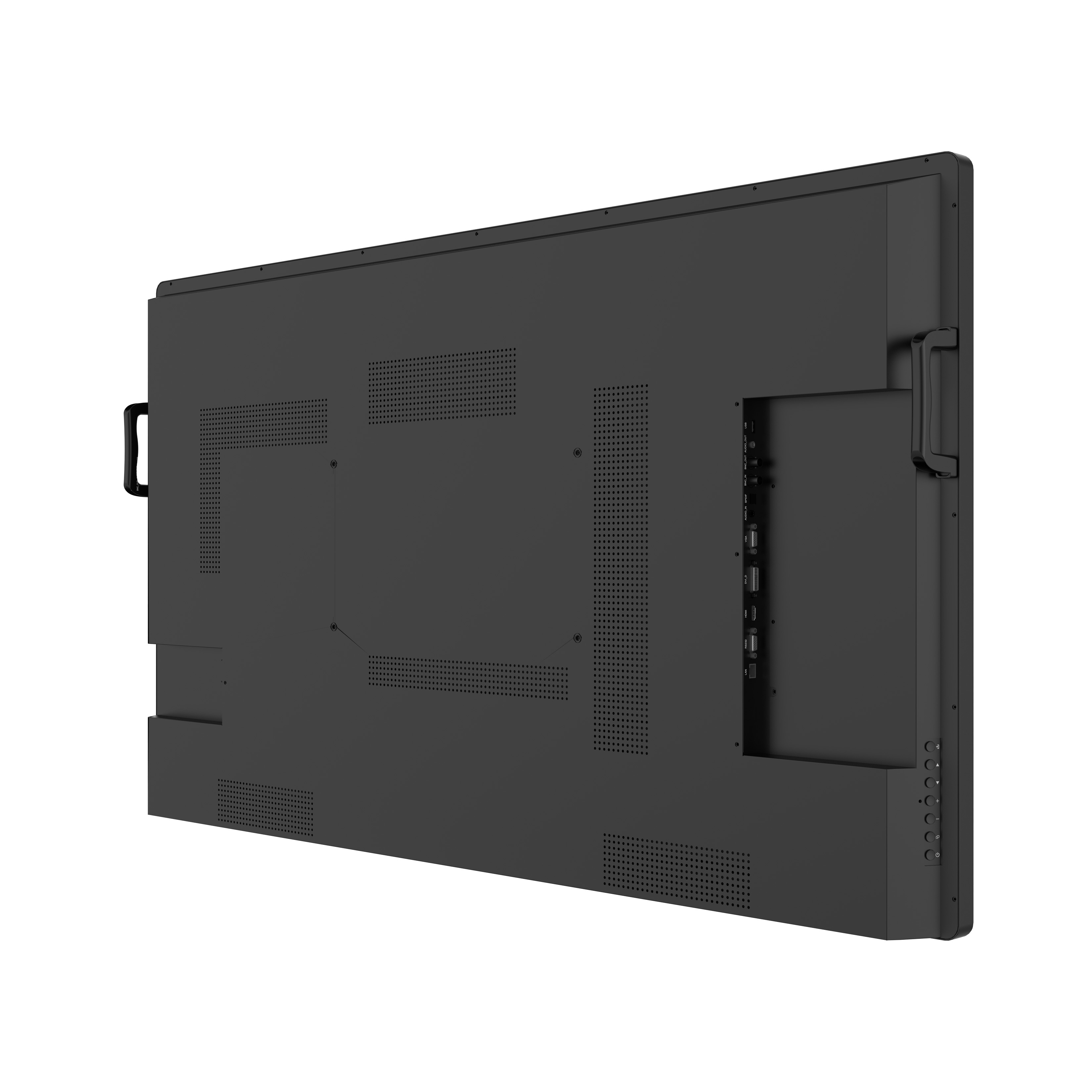 Vista posteriore di un display nero con griglie di ventilazione, maniglie e varie porte di collegamento sul lato.