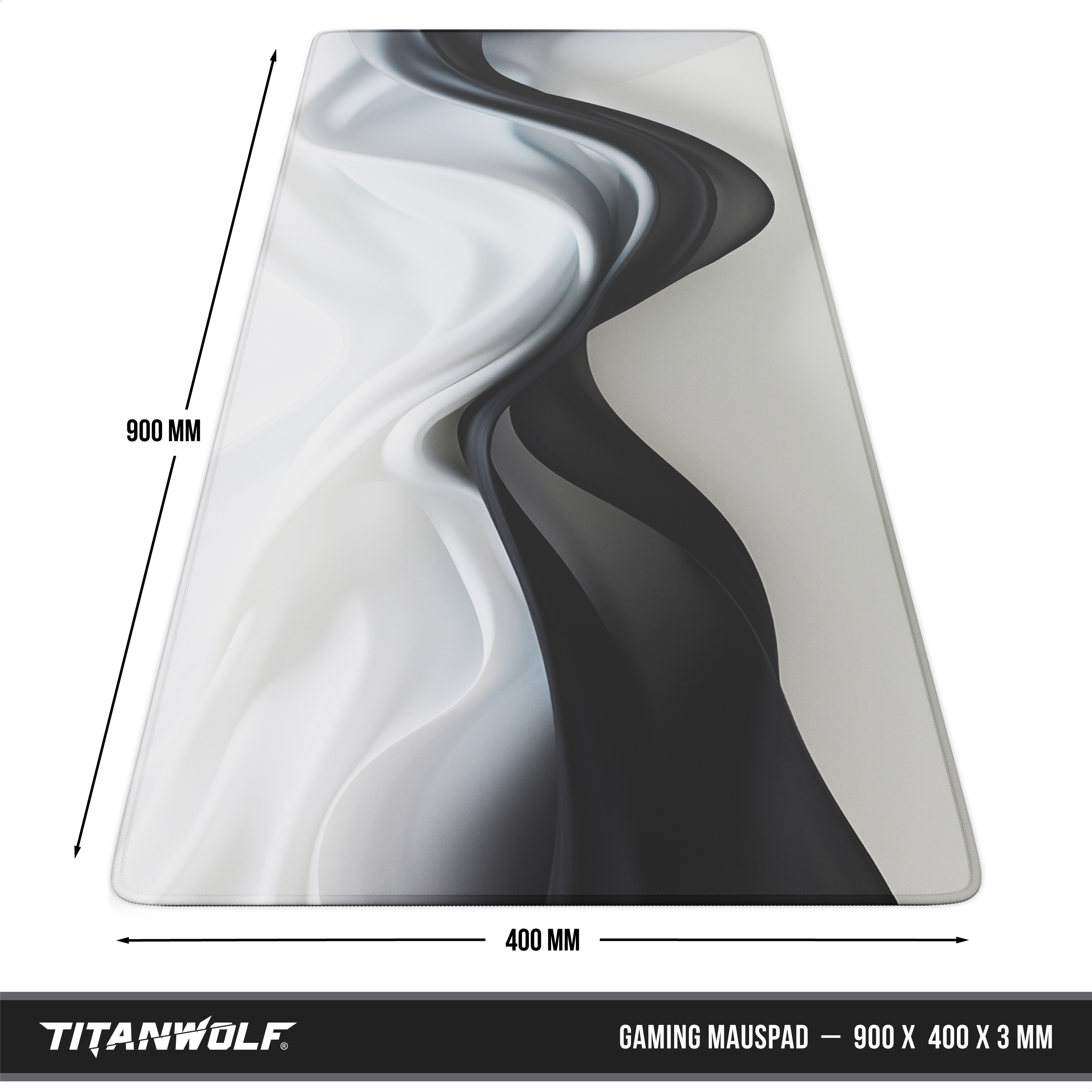 Titanwolf Gaming-Mauspad mit schwarz-weißem Wellenmuster, Maße 900x400x3 mm.