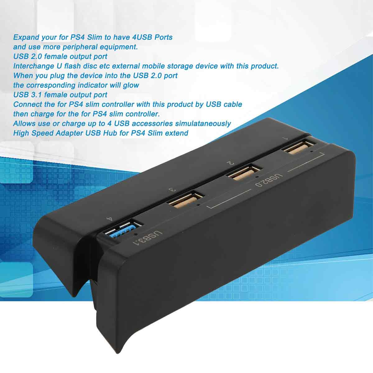 Ein schwarzer USB-Hub für die PS4 Slim mit mehreren USB-Anschlüssen vor einem blauen Hintergrund.