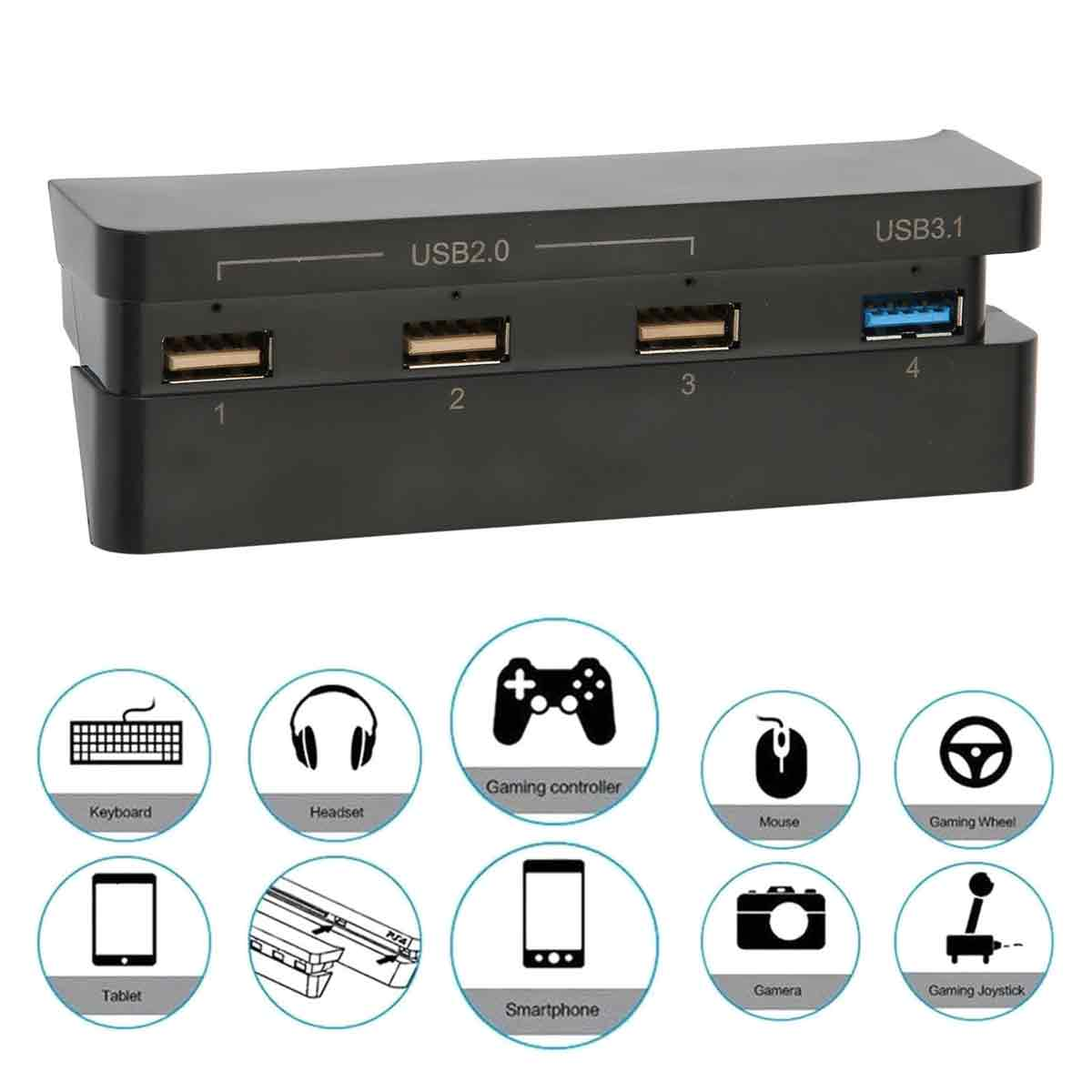 Ein schwarzer USB-Hub mit vier Anschlüssen und Symbolen für kompatible Geräte unten.