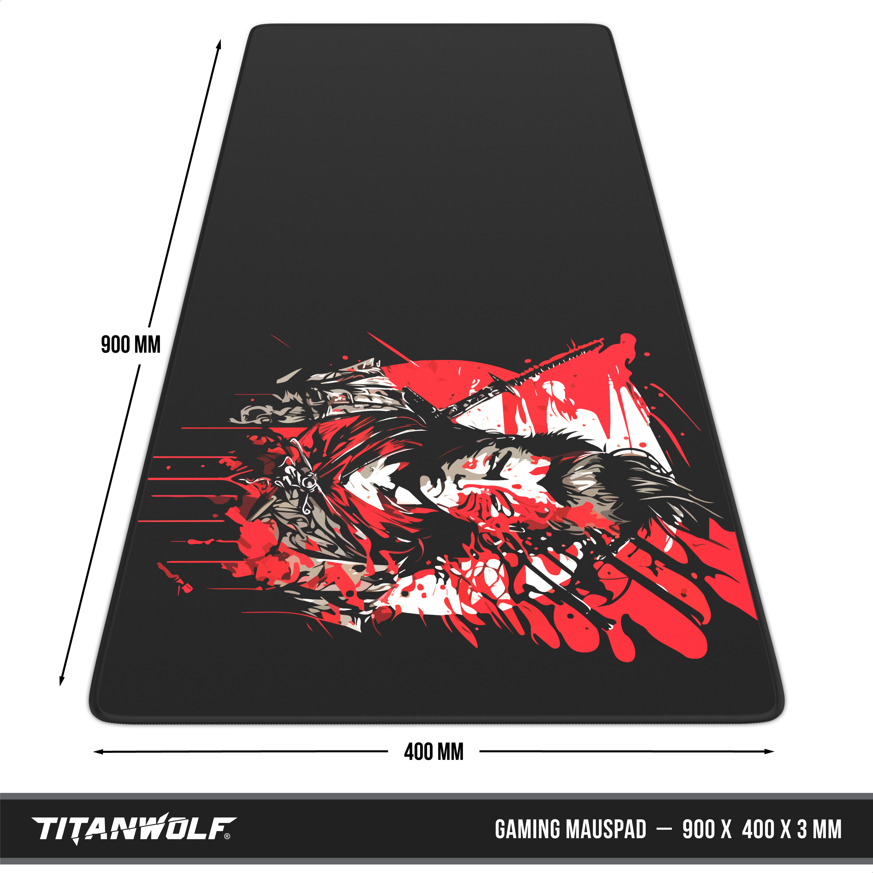 Ein schwarzes Gaming-Mauspad, 900x400 mm groß, mit rot-weißer Samurai-Grafik und Titanwolf-Logo.