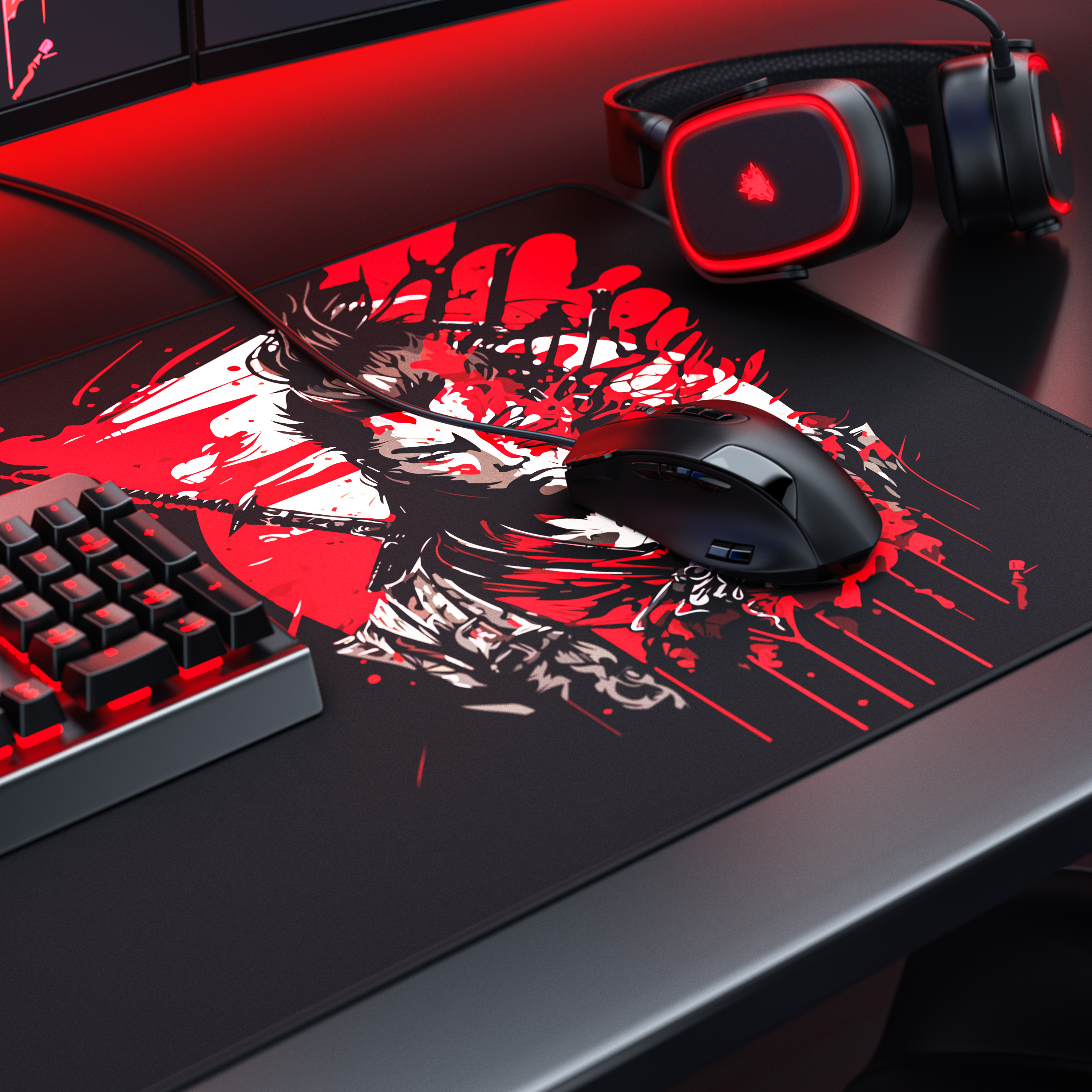 Ein Gaming-Setup mit Maus, Tastatur und rot beleuchteten Kopfhörern auf einem roten und schwarzen Pad.
