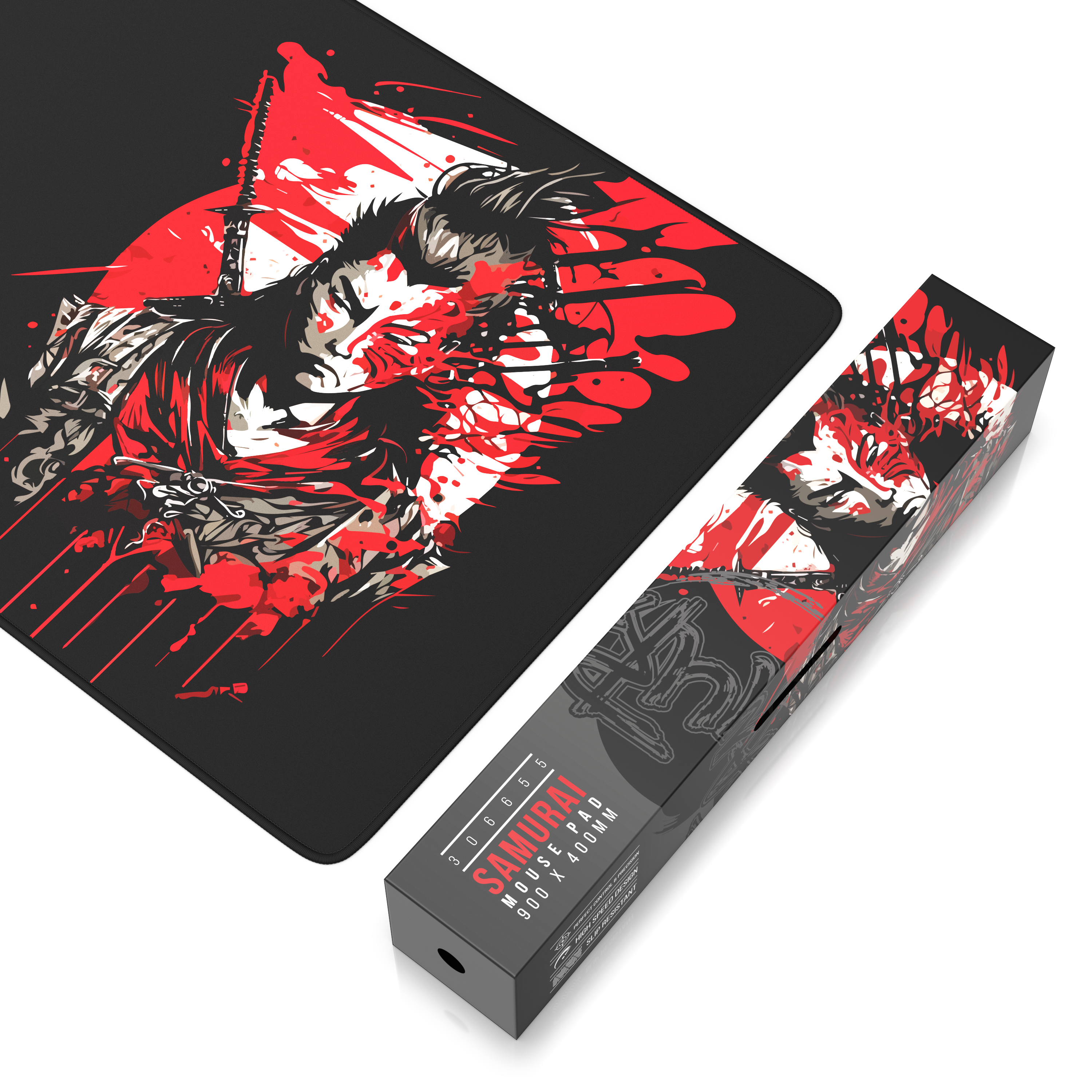 Ein schwarzes Mauspad mit roter Samurai-Grafik und seiner Originalverpackung auf weißem Hintergrund.