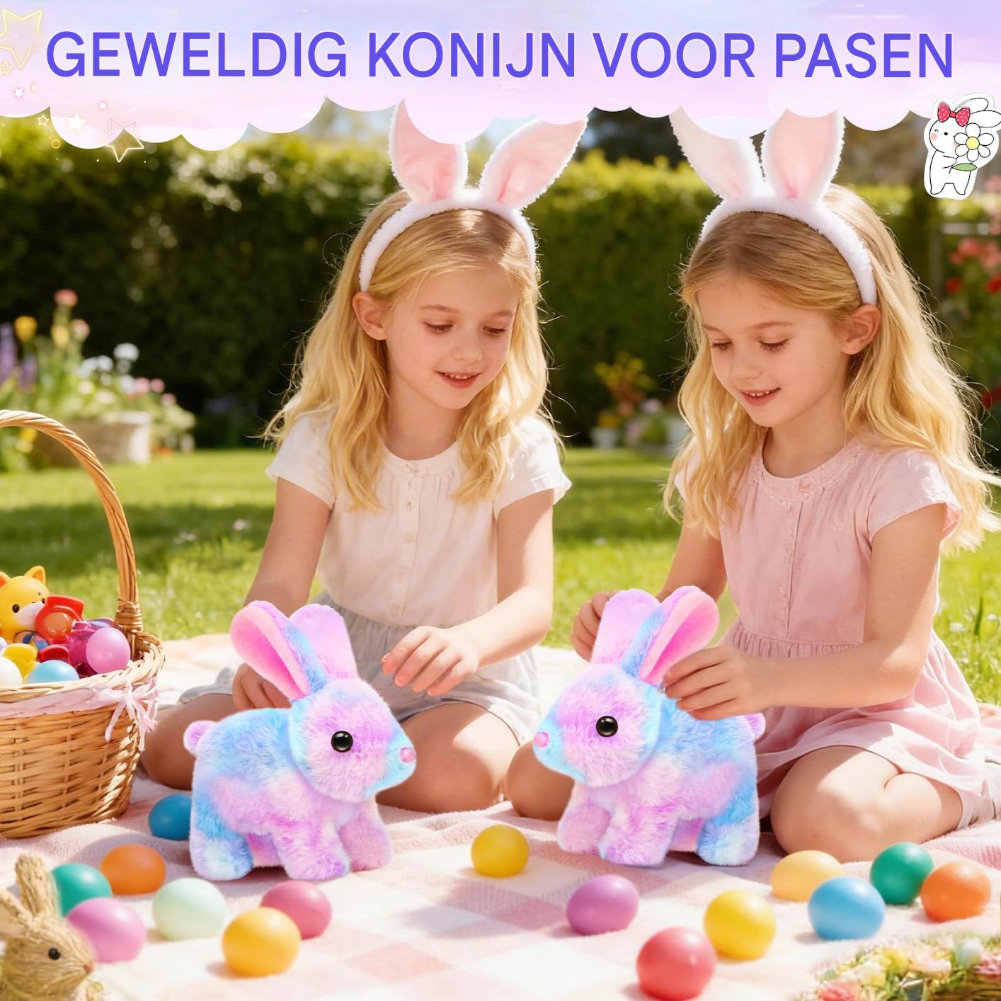Zwei Mädchen mit Hasenohren spielen draußen im Gras mit Plüschhasen und bunten Ostereiern.