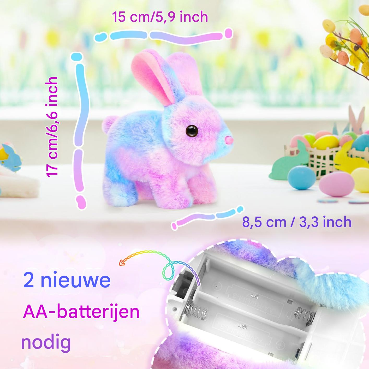 Ein pastellrosa und blauer Hasen-Plüsch mit Maßen und darunterem Batteriefach.