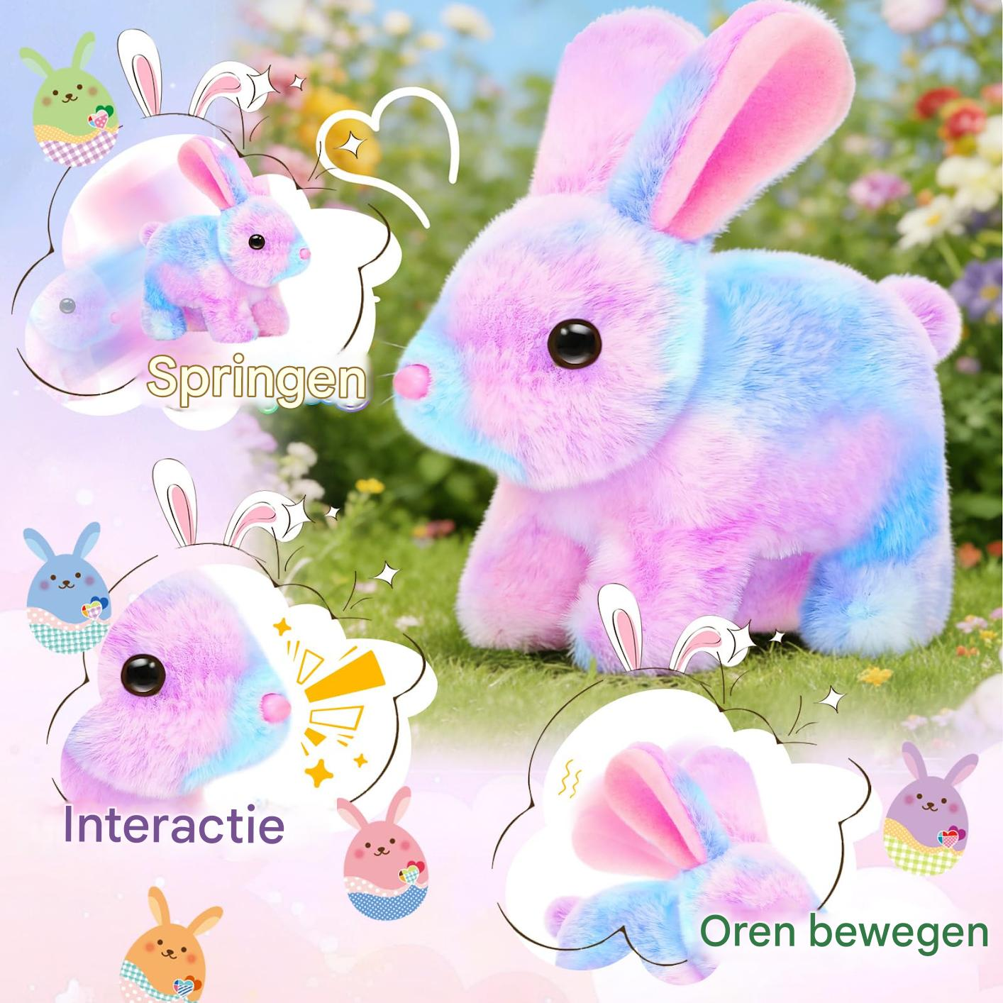 Ein pastellrosa und blauer Spielzeughase auf Gras mit Funktionsgrafiken.