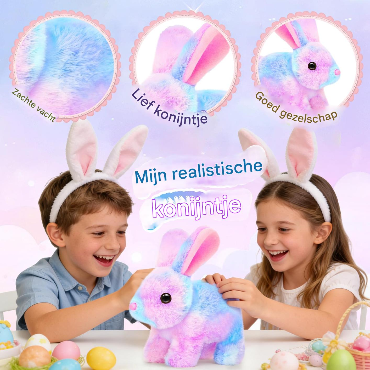 Glückliche Kinder mit Hasenohren spielen mit einem rosa-blauen Plüschkaninchen vor bunten Ostereiern.