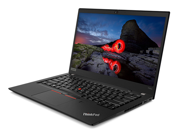 Ein schwarzer Lenovo ThinkPad Laptop auf weißem Hintergrund mit einem bunten Landschaftsbild auf dem Bildschirm.