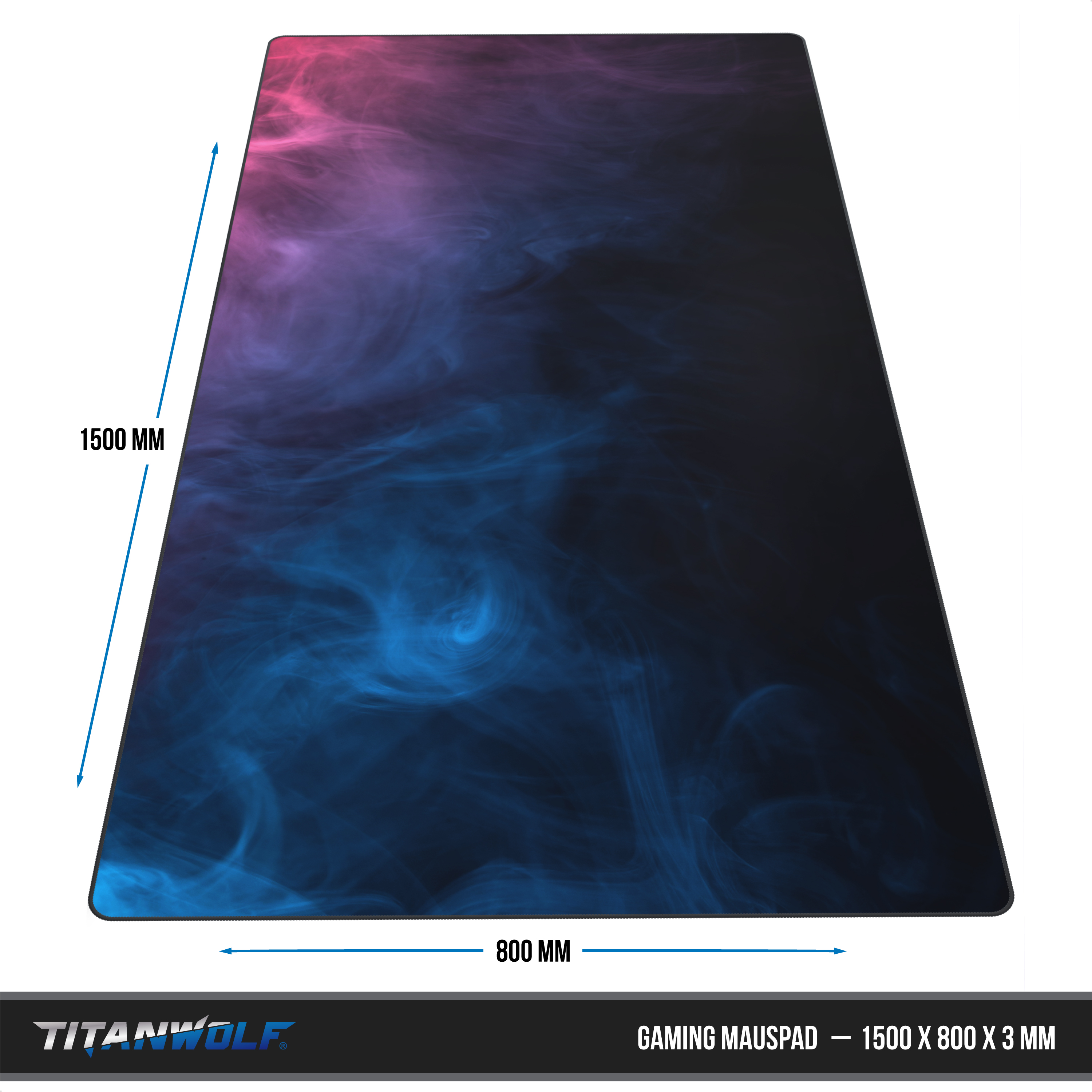 Titanwolf Gaming-Mauspad mit blauem und pinkem Rauchdesign, Maße 1500x800 mm.