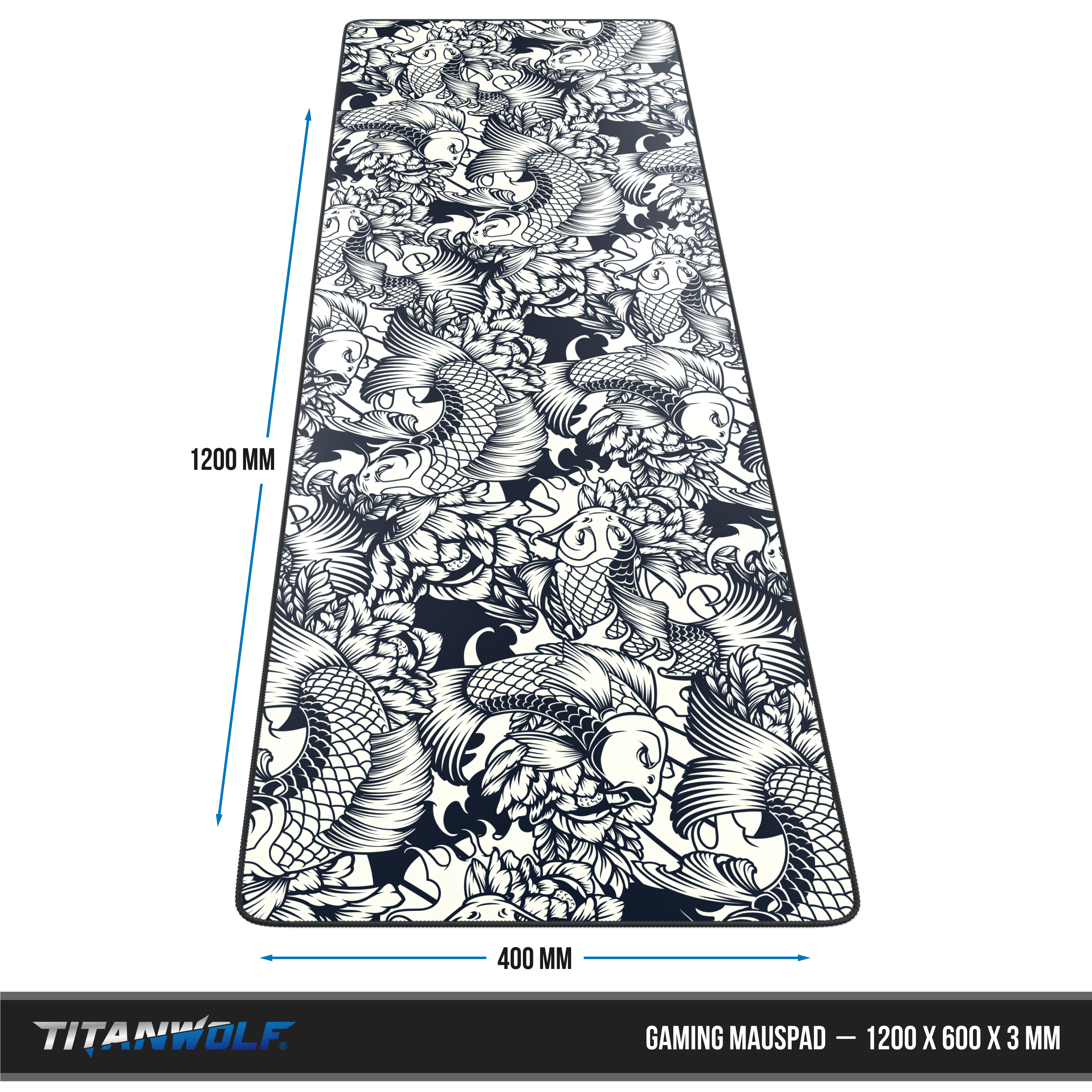 Titanwolf Gaming-Mauspad in Schwarz und Weiß mit Koi-Karpfen-Muster und Maßen von 1200x600x3 mm.