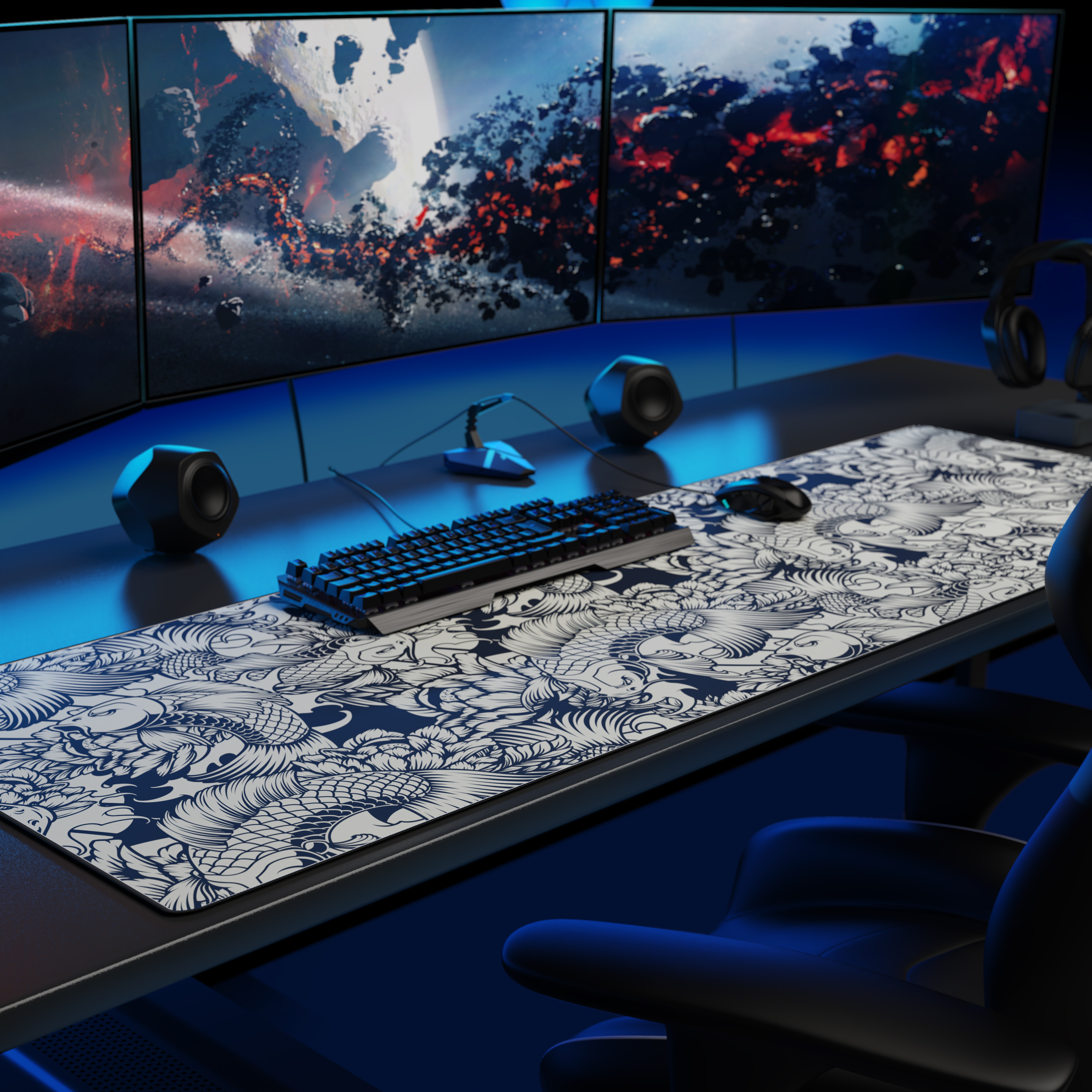 Ein Gaming-Schreibtisch mit drei Monitoren, gemustertem Mauspad, Tastatur, Maus, Lautsprechern und Kopfhörern.