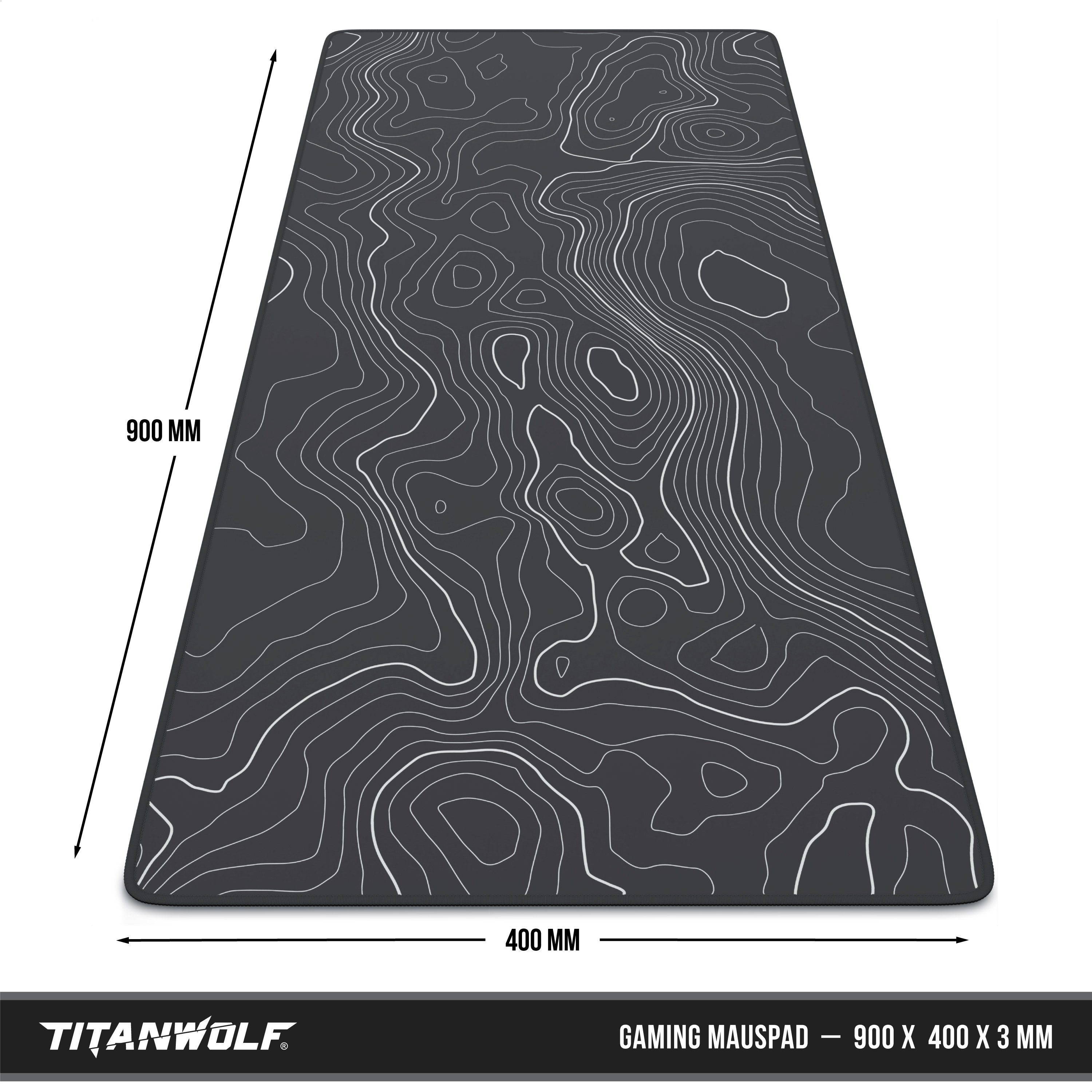 Titanwolf Gaming-Mauspad mit dunkelgrauem topografischen Kartendesign und Maßen von 900 x 400 mm.