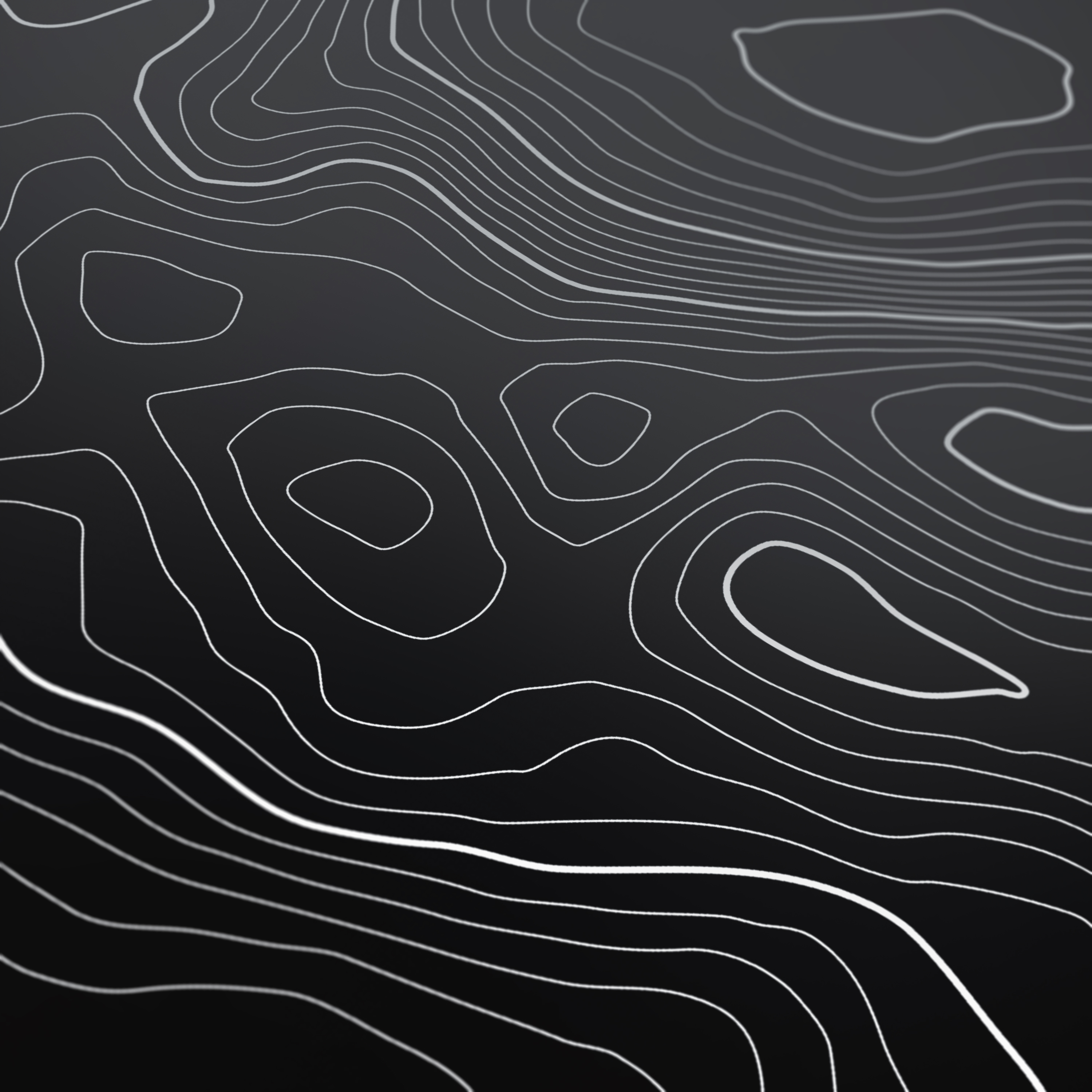 Abstrakte topografische Linienkarte in Weiß auf schwarzem Hintergrund mit Höhenmustern.