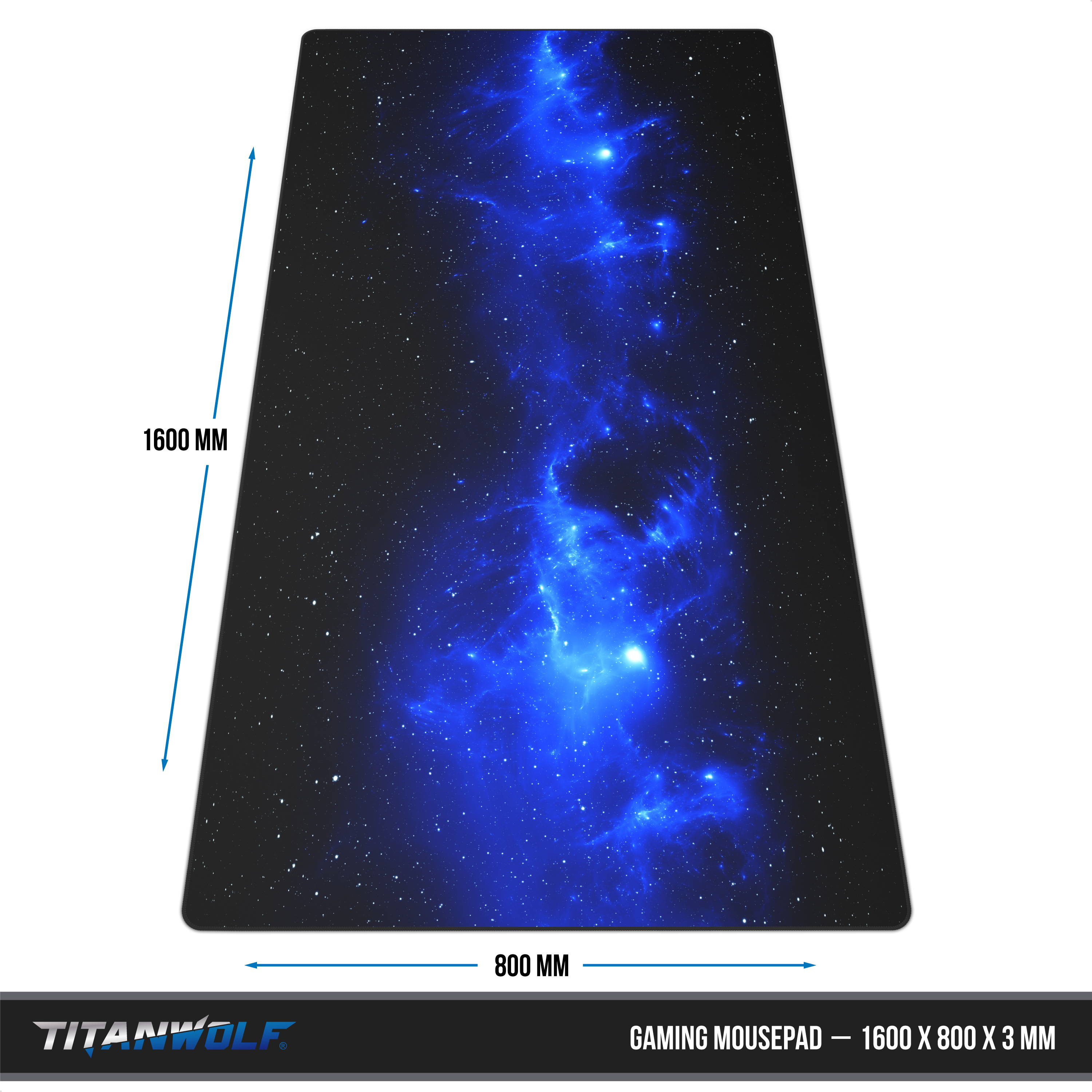 Schwarzes Titanwolf-Gaming-Mauspad mit blauem Galaxie-Muster und Maßangaben 1600x800 mm.