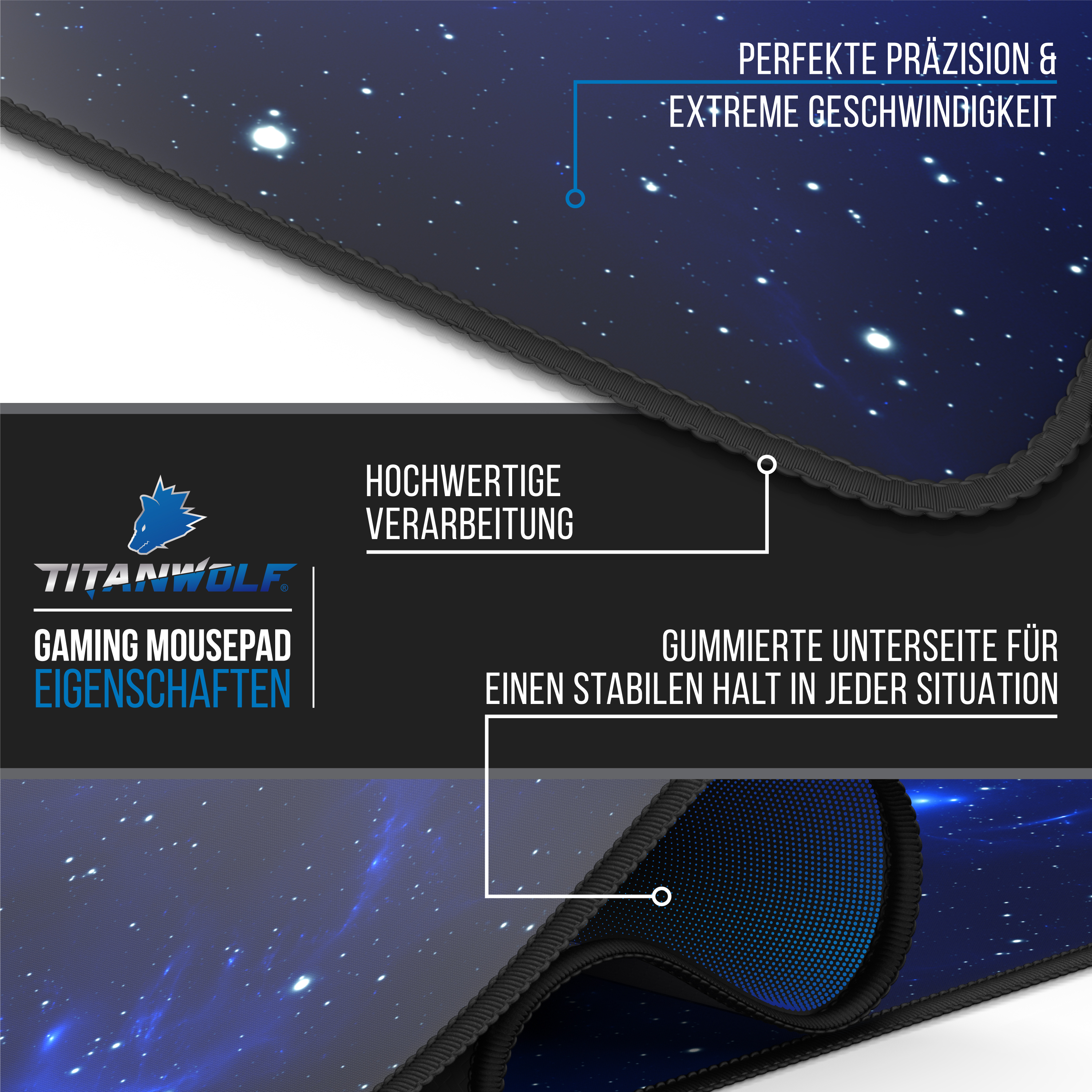 Titanwolf Gaming-Mauspad mit Weltraummotiv, hoher Präzision, hochwertiger Verarbeitung und gummierter Unterseite.