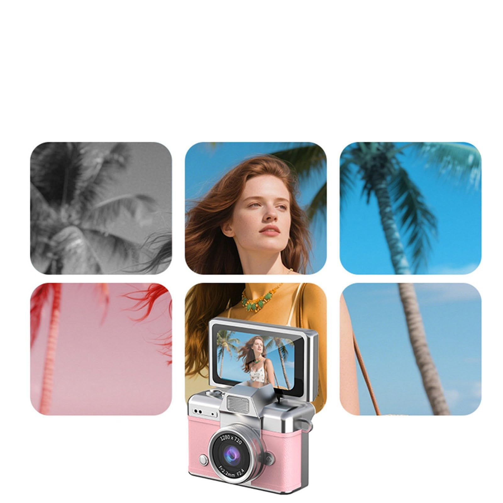 Eine rosa Digitalkamera zeigt auf ihrem Bildschirm das Foto einer rothaarigen Frau vor Palmen.