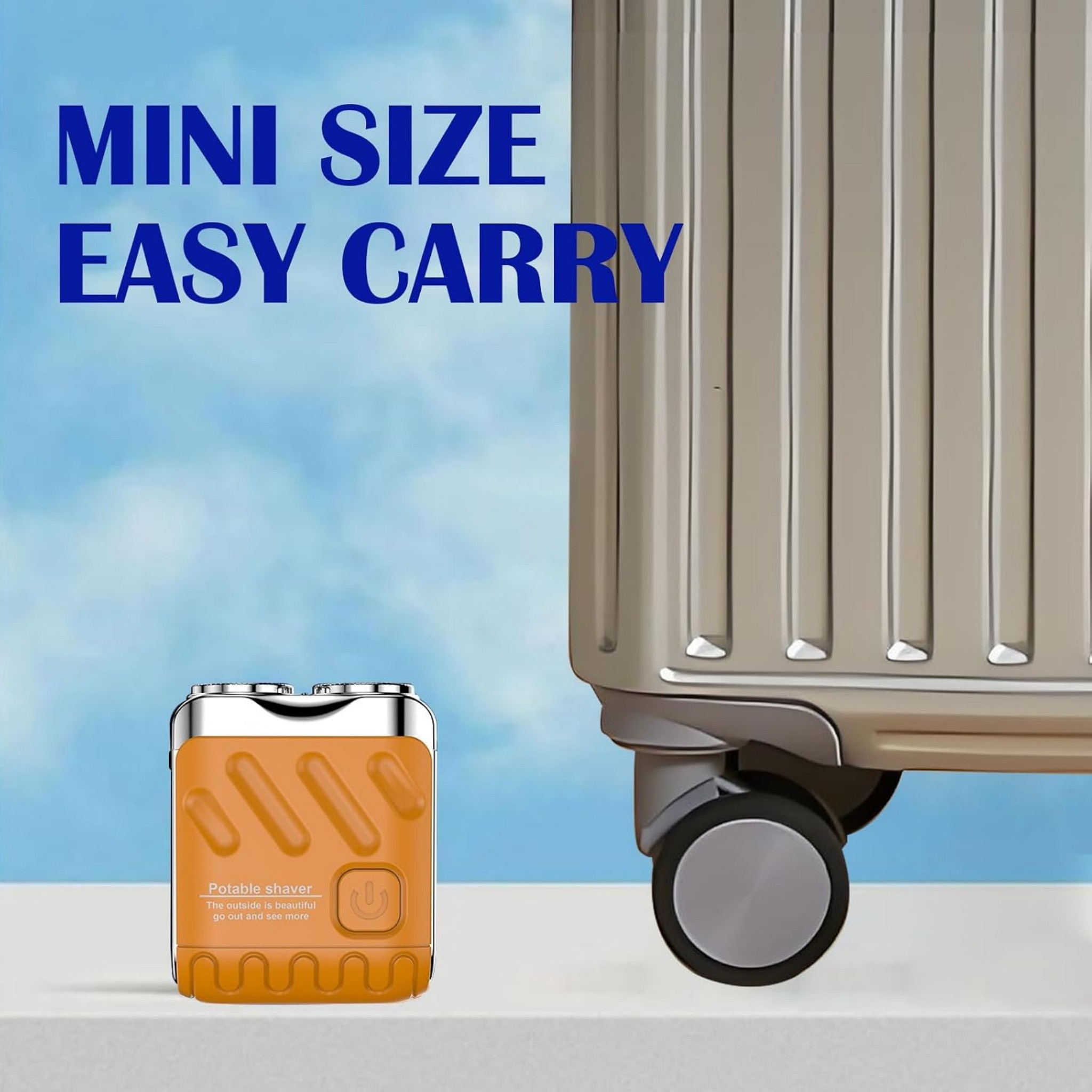 Kleiner orangener Rasierer neben einem grauen Koffer vor blauem Himmel mit Text MINIZ SIZE EASY CARRY.