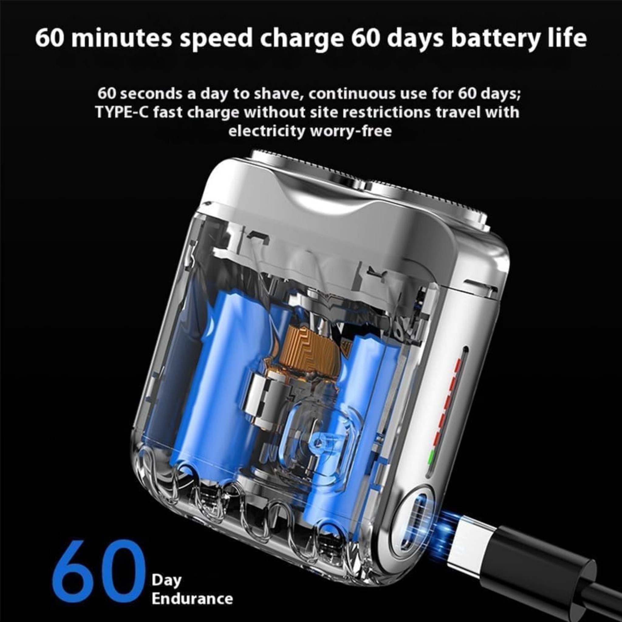 Transparenter Elektrorasierer mit blauen Batterien wird über Typ-C geladen, Text oben und unten.
