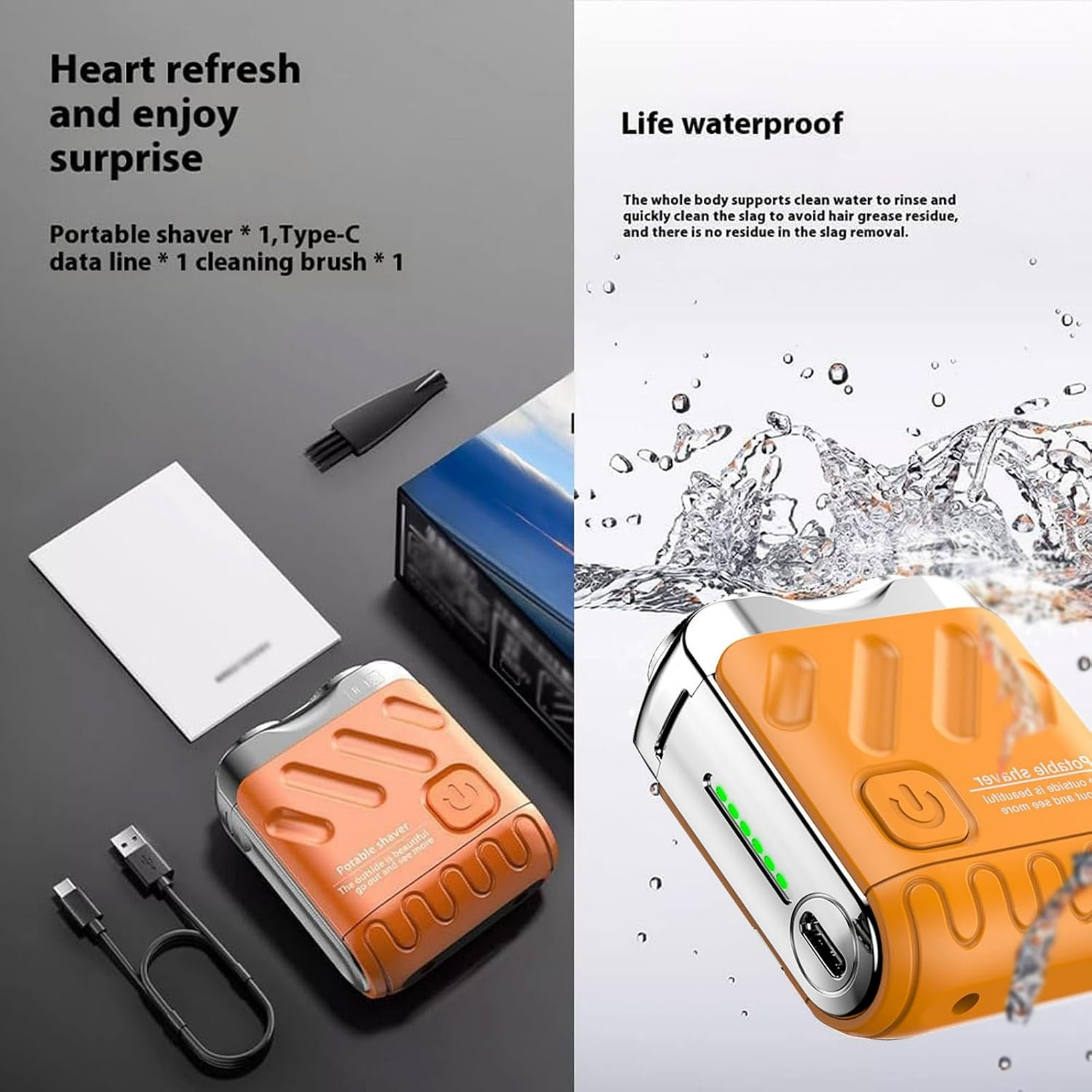 Kompakter orangener Elektrorasierer mit Zubehör und Wasserspritzern.