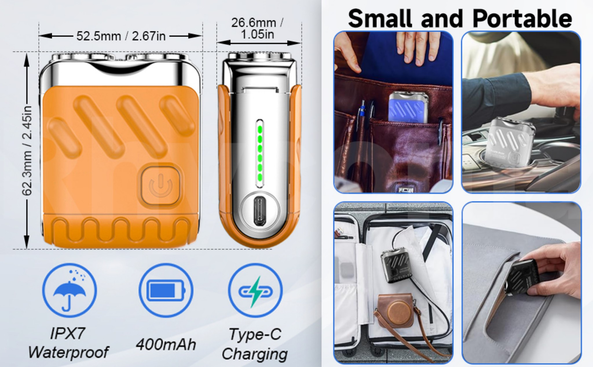 Kompakter, tragbarer Elektrorasierer mit Maßen, IPX7-Wasserdichtigkeit, Akku und USB-C-Anschluss.
