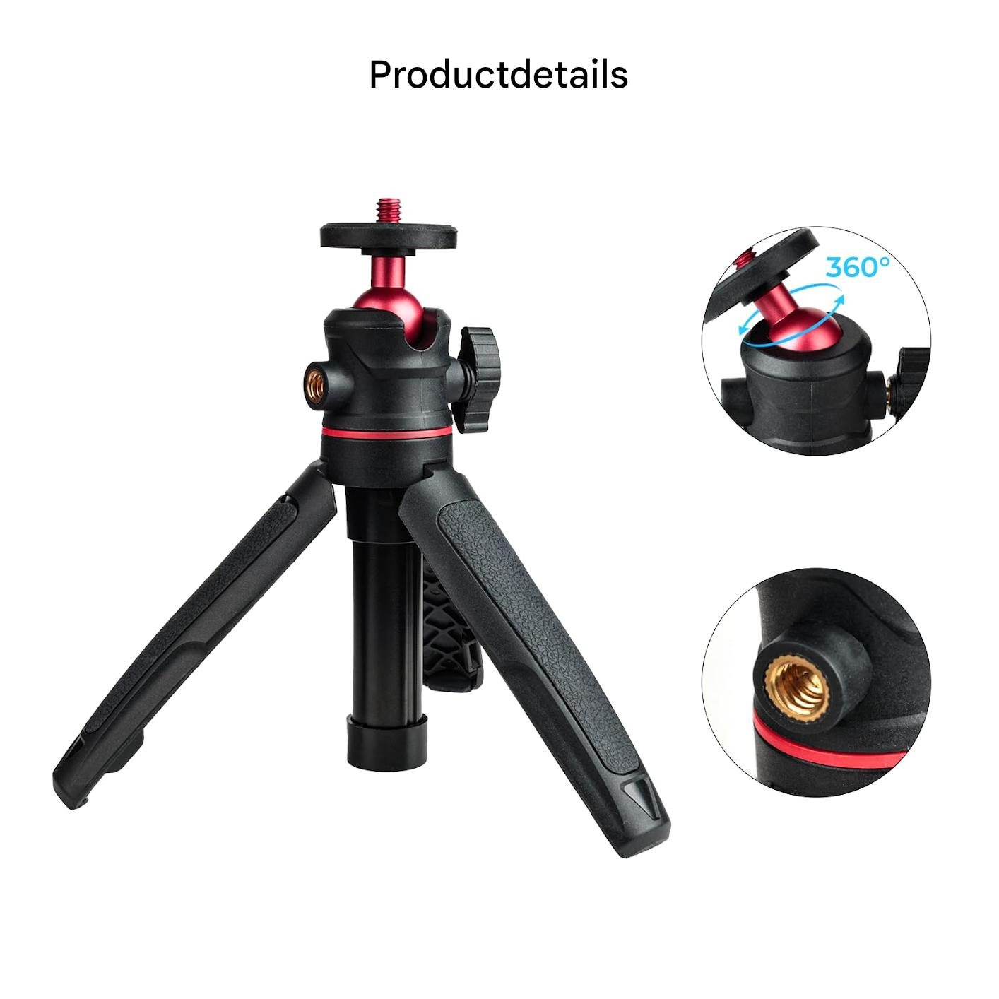 Kleines schwarzes und rotes Stativ mit Kugelkopf und Details der 360-Grad-Drehung und des Schraublochs.