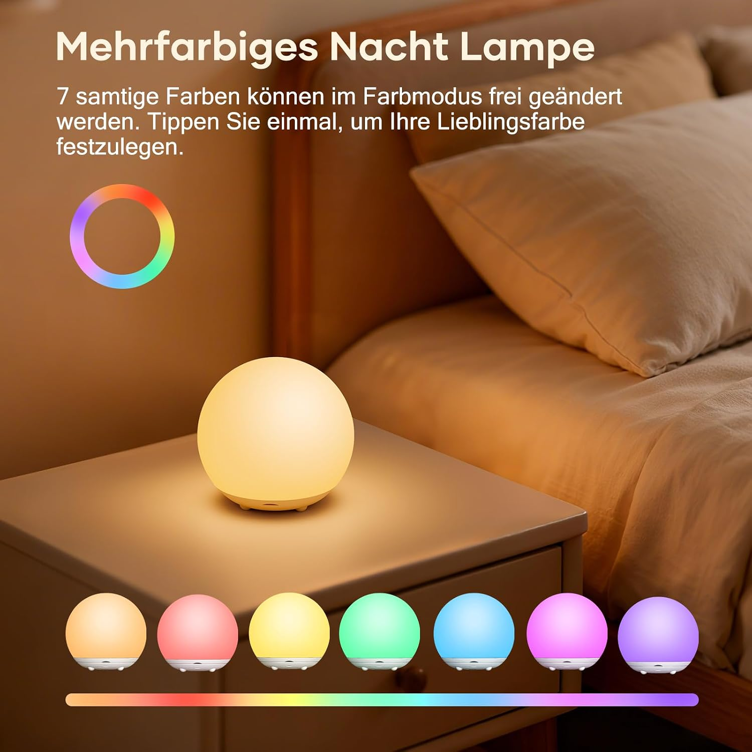 Eine runde, mehrfarbige Nachtlampe steht auf einem Nachttisch im Schlafzimmer neben dem Bett.