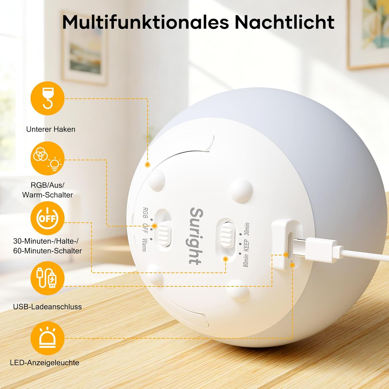 Diagramm der Unterseite eines multifunktionalen Nachtlichts mit Schaltern, Ladeanschluss und Haken.