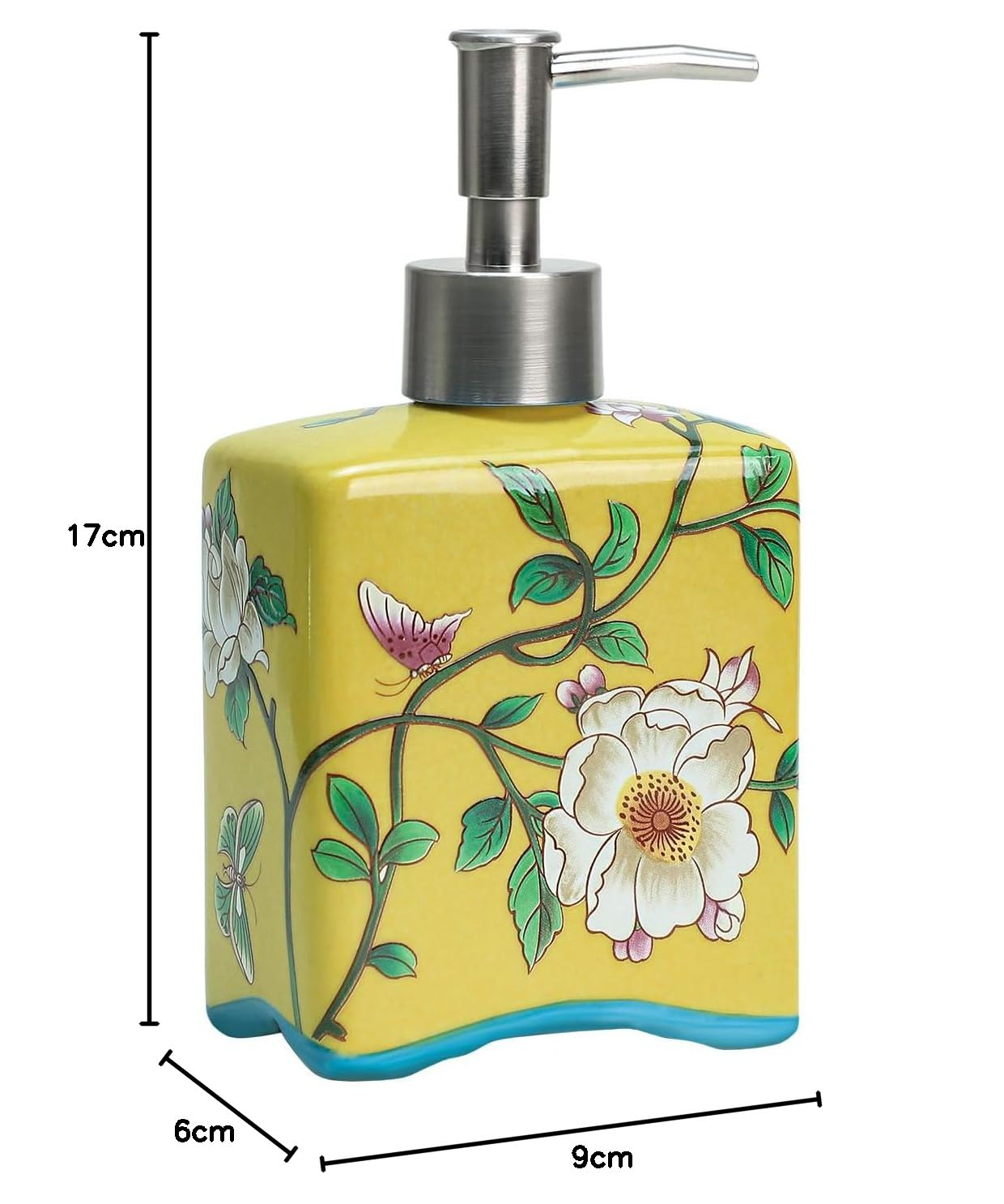 Gelber Seifenspender mit Blumenmuster, silbernem Pumpkopf und Maßangaben.