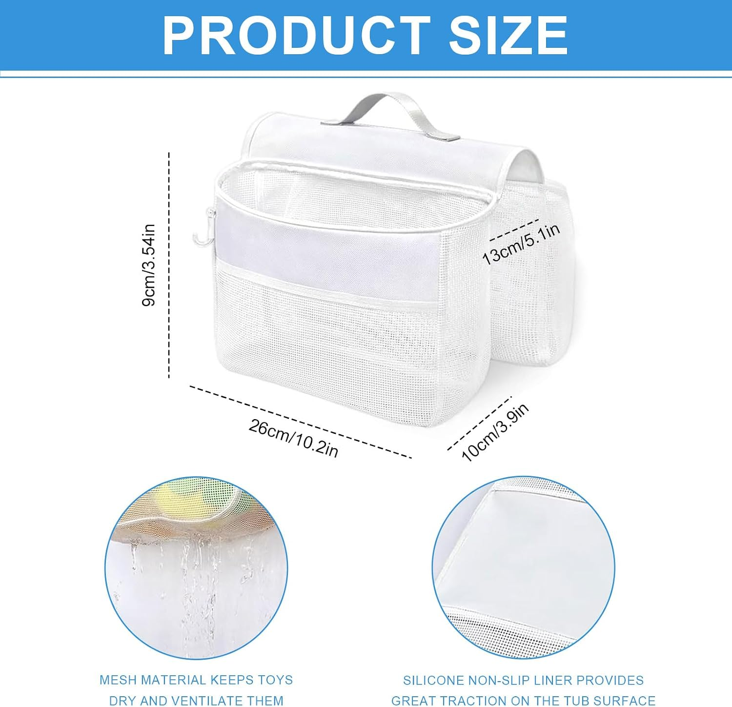 Weiße Mesh-Badetuchtasche mit Maßen und zwei Detailbildern unten.