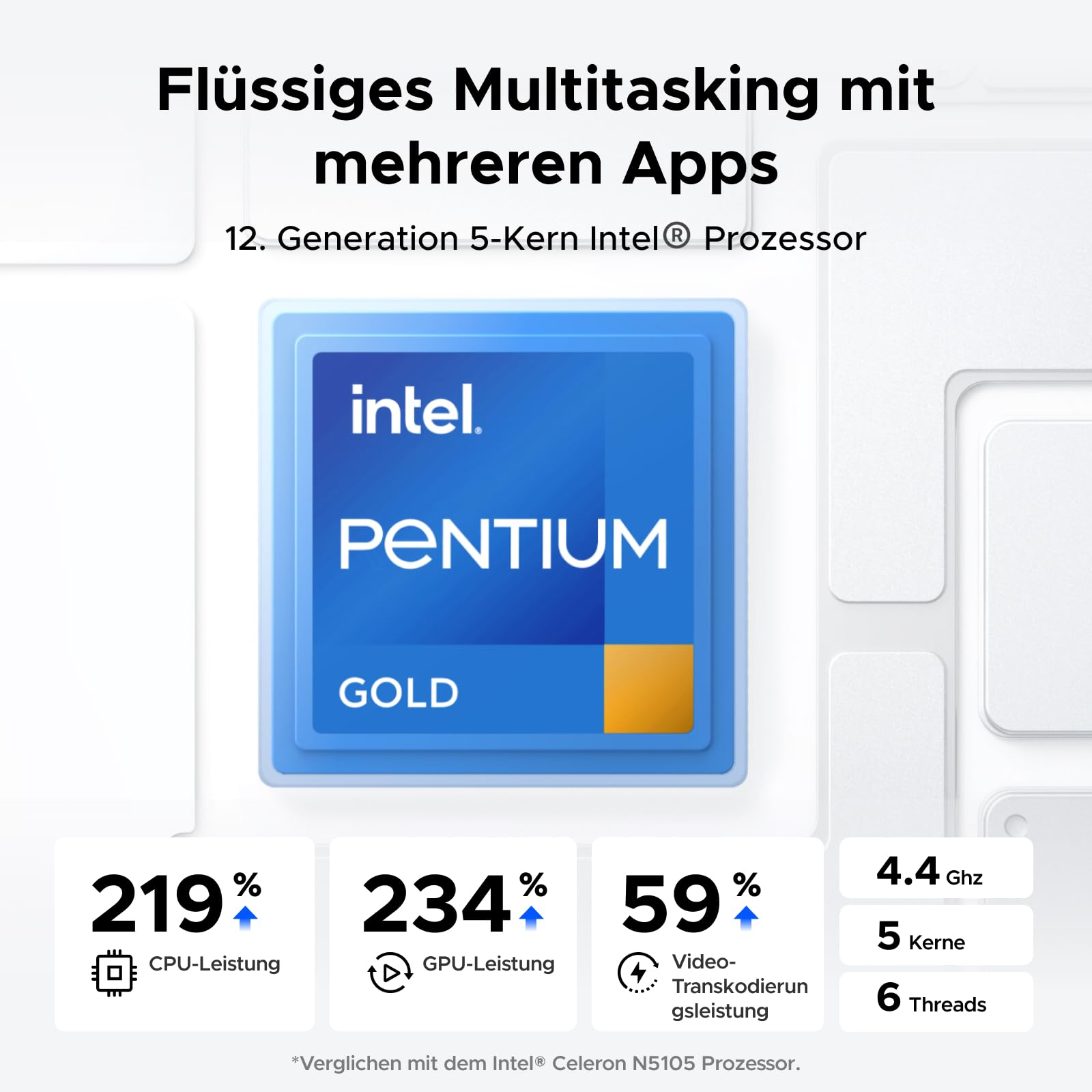Intel Pentium Gold Prozessor Grafik mit Leistungskennzahlen und Text auf weißem Hintergrund.