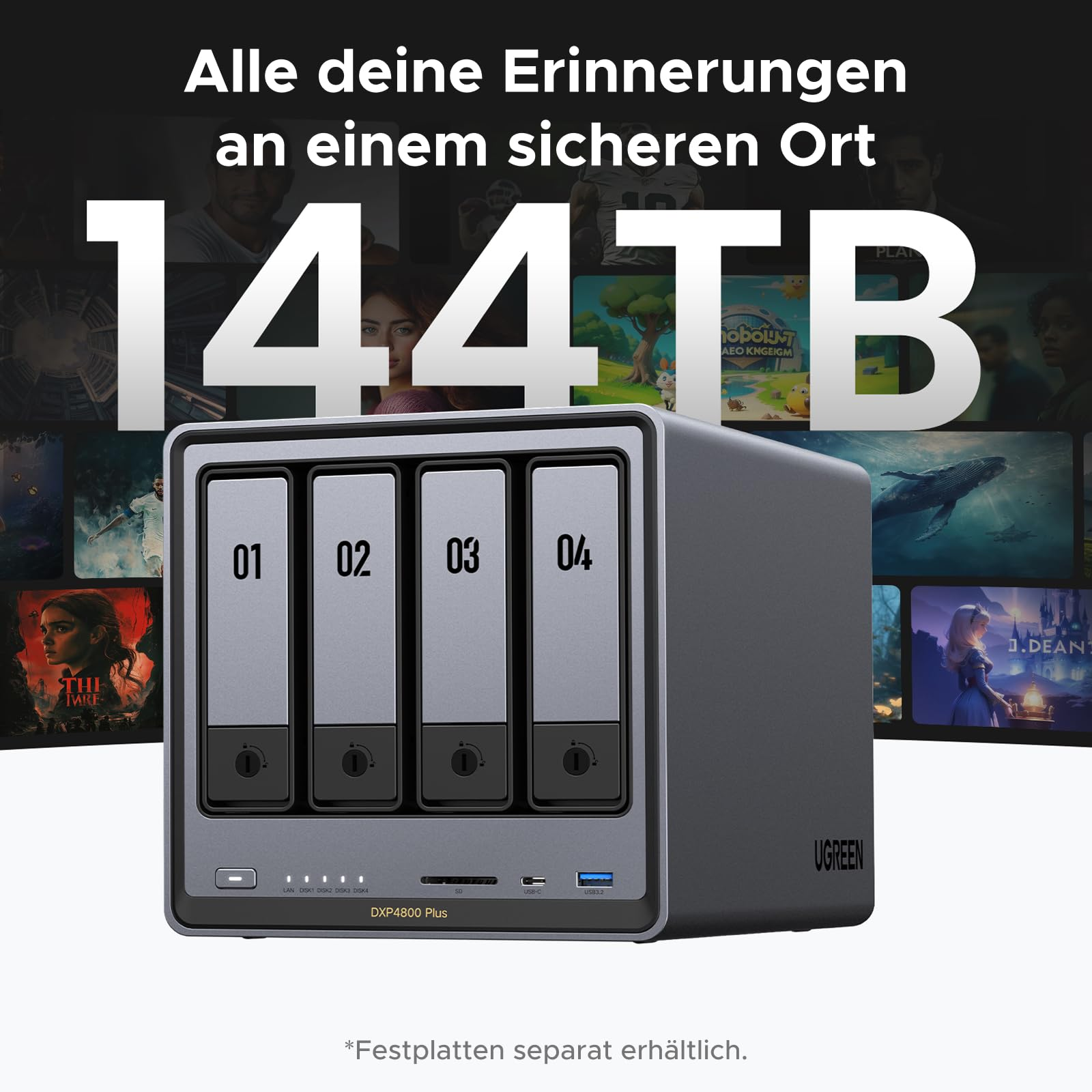 Ugreen DXP4800 Plus NAS-Gerät mit vier Laufwerksschächten und der Aufschrift 144TB im Hintergrund.