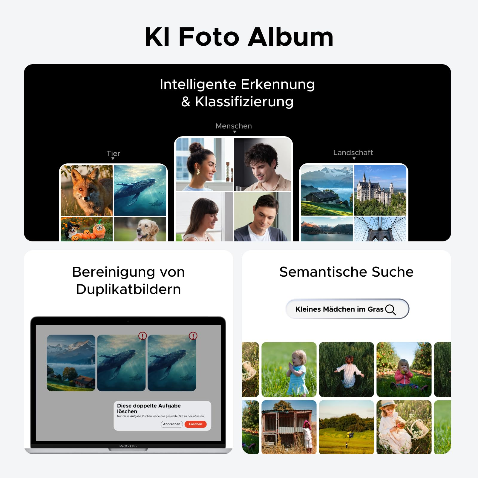 UI-Design für KI-Fotoalbum mit intelligenter Erkennung, Duplikatbereinigung und semantischer Suche.