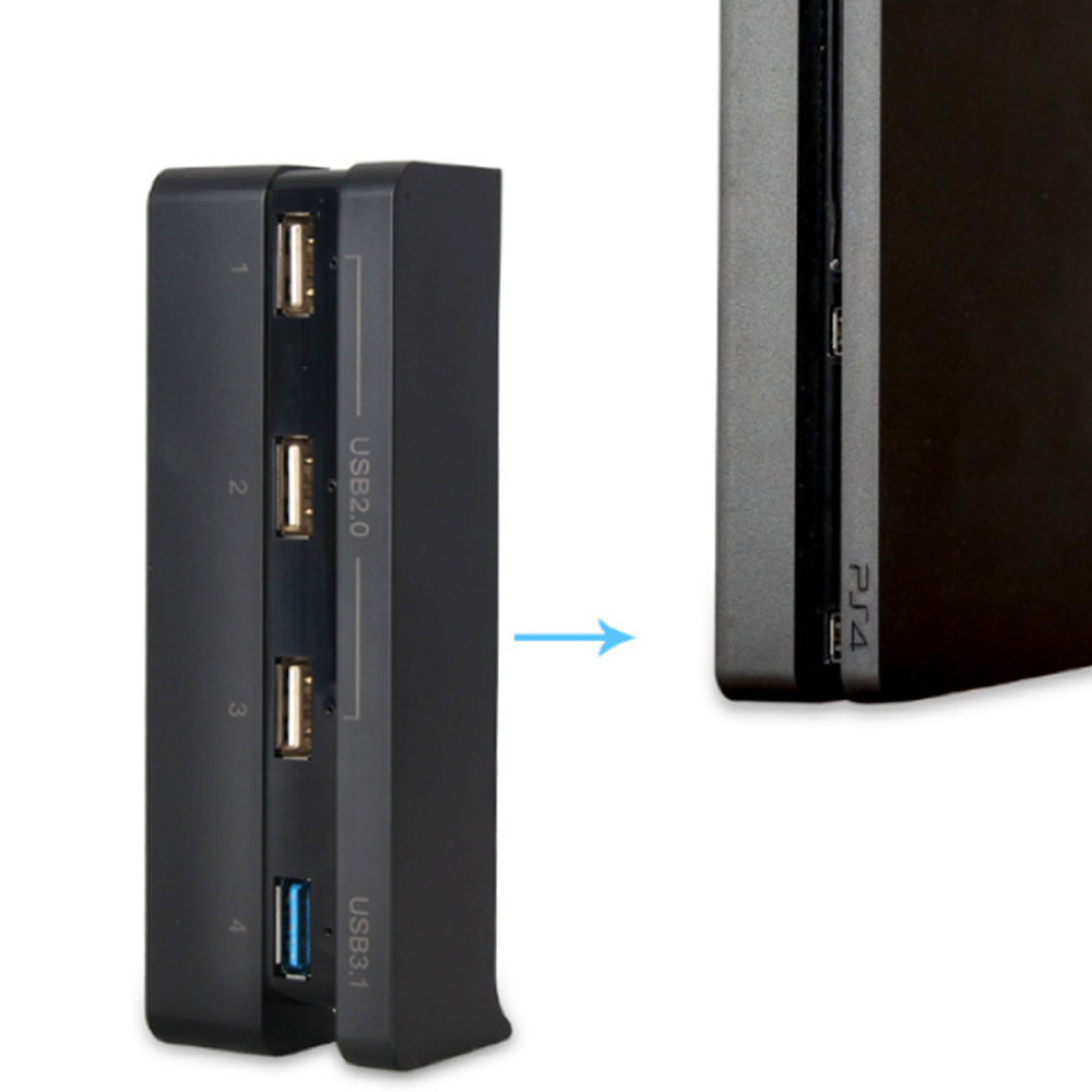 Ein schwarzer USB-Hub mit vier Anschlüssen neben einer PS4, verbunden mit einem blauen Pfeil.