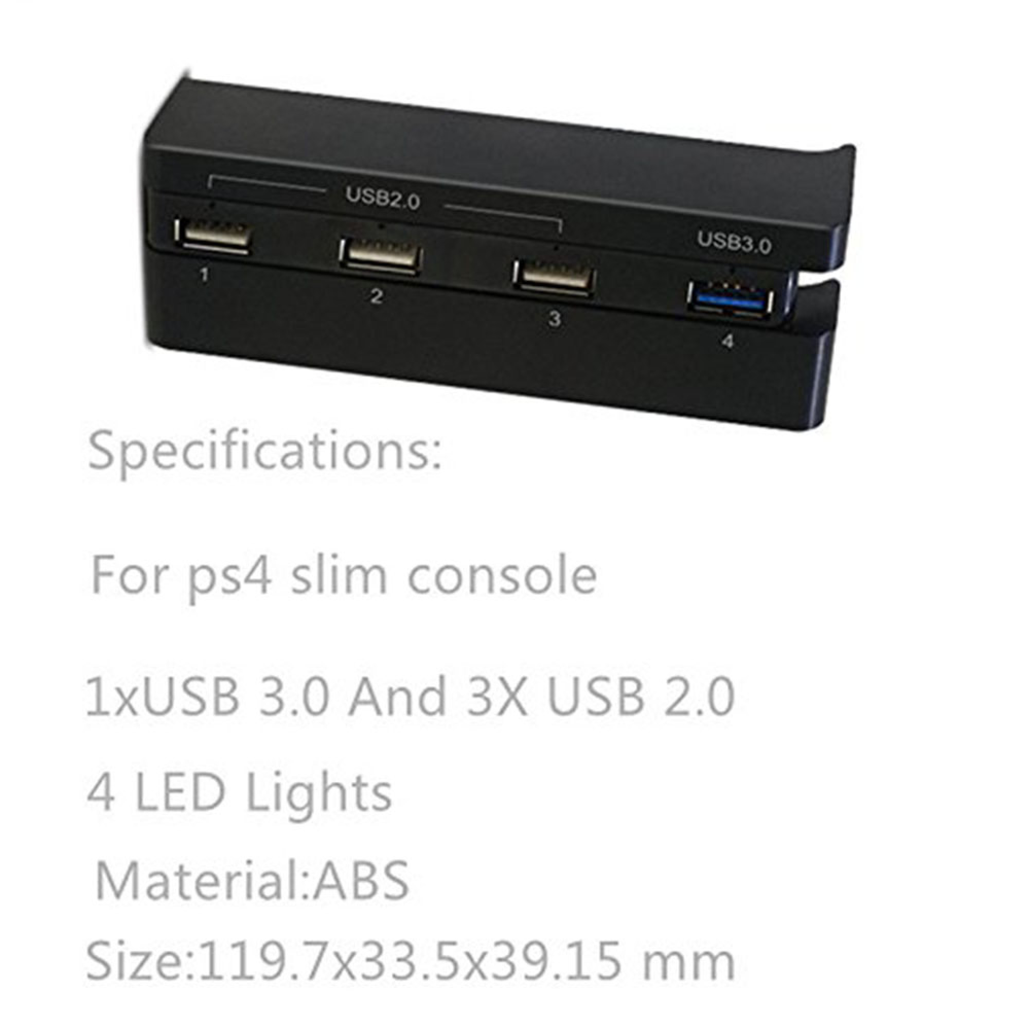 Ein schwarzer USB-Hub für PS4 Slim mit drei USB 2.0 und einem USB 3.0 Anschluss sowie Spezifikationen.