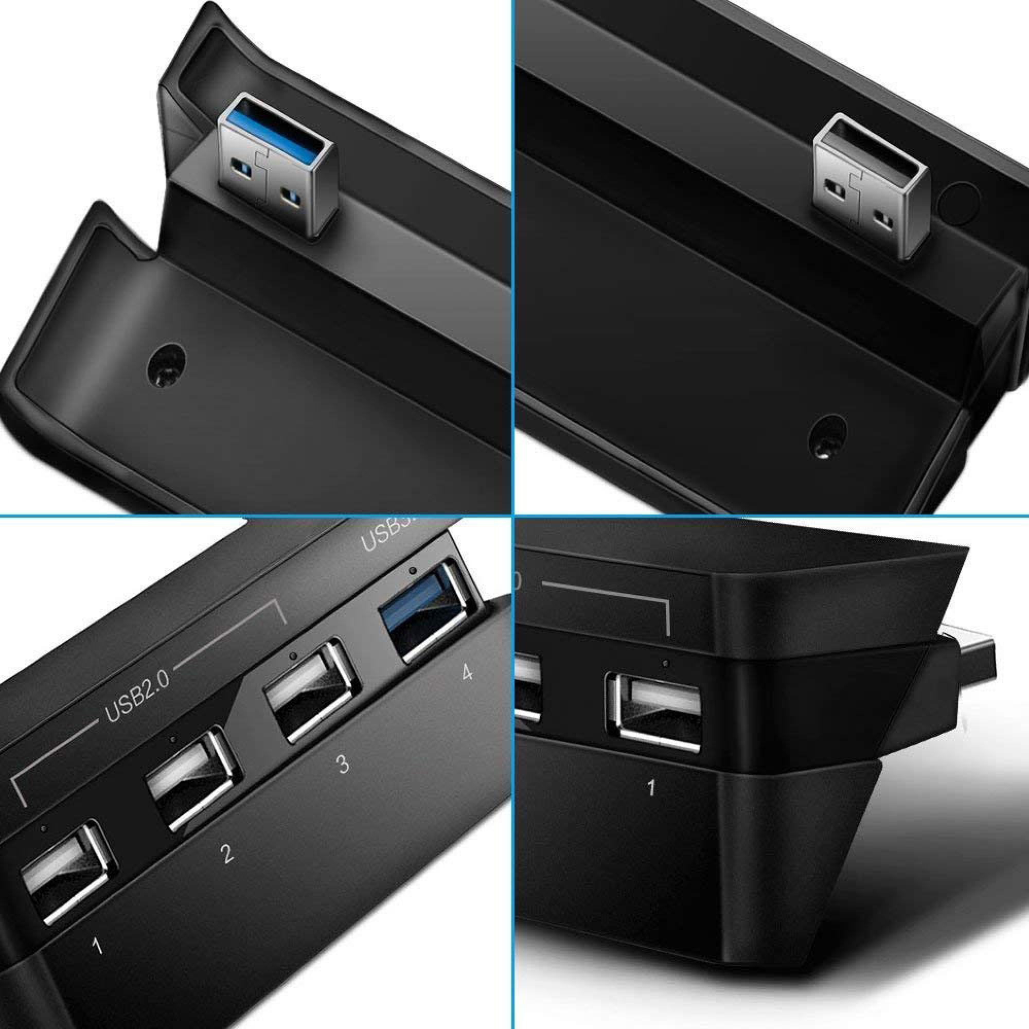 Vierteiliges Bild eines schwarzen USB-Hubs mit verschiedenen USB-Anschlüssen.