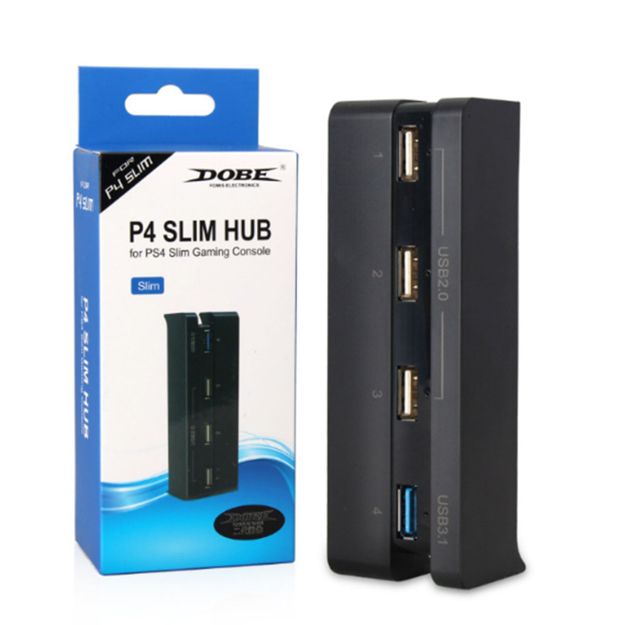 Ein schwarzer USB-Hub für die PS4 Slim mit seiner blauen und weißen Originalverpackung.