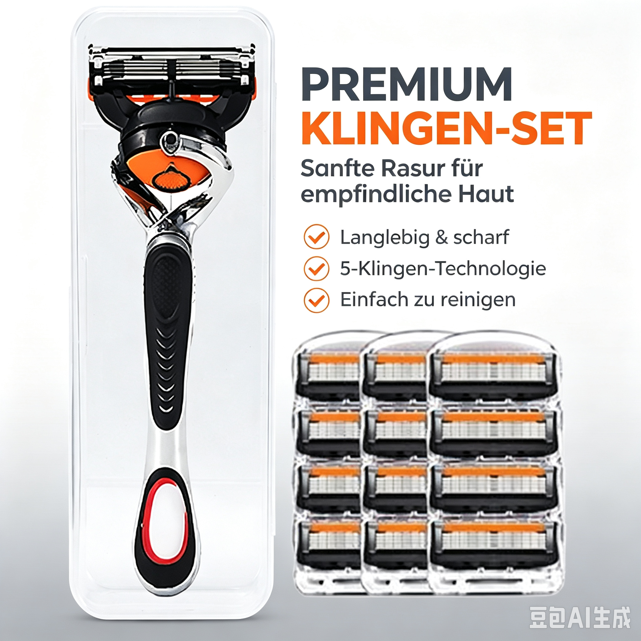 Premium Rasierer mit Klingen-Set und Text für empfindliche Haut auf weißem Hintergrund.
