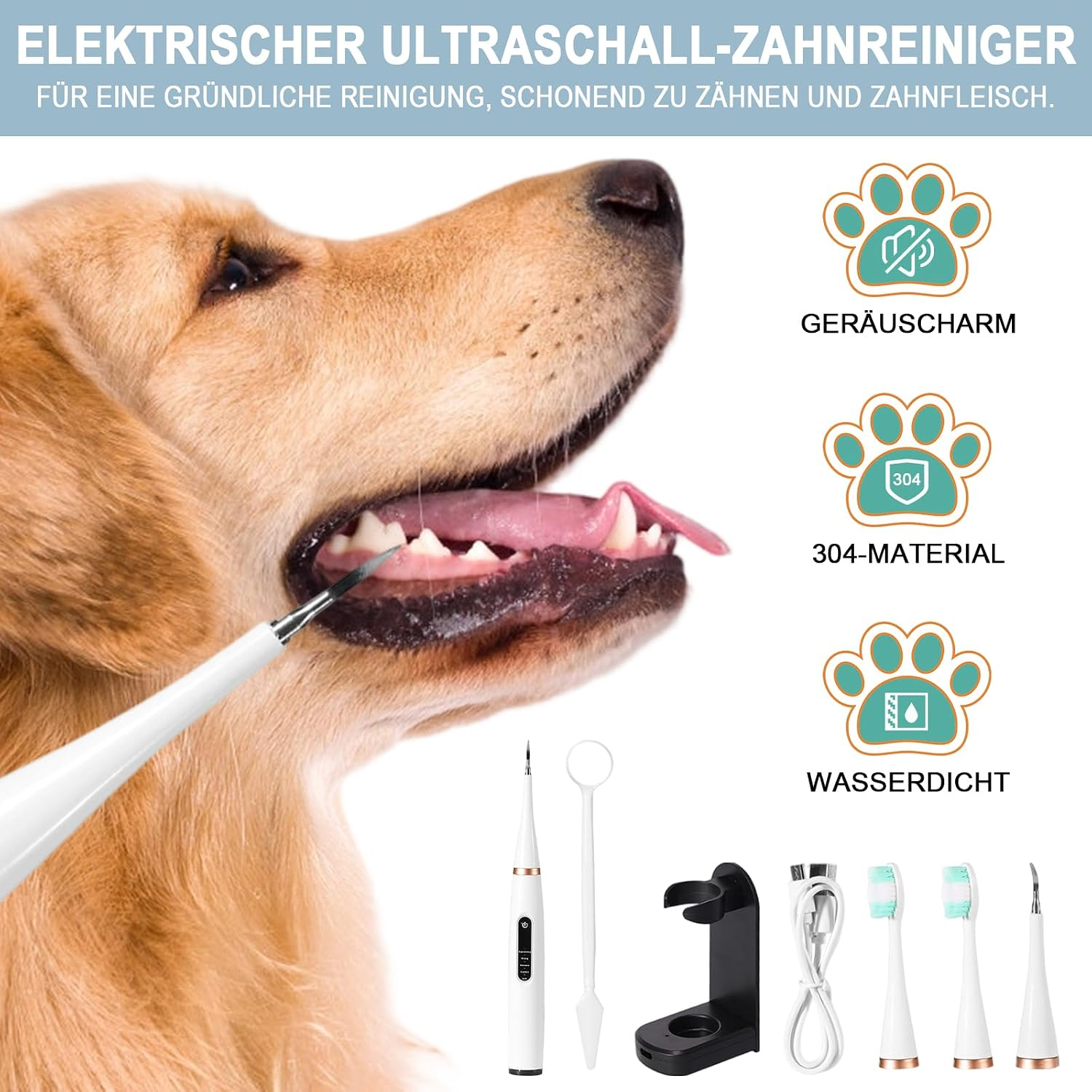 Ein elektrischer Ultraschall-Zahnreiniger wird an den Zähnen eines Golden Retrievers angewendet.