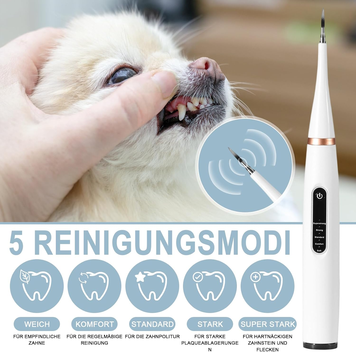 Ein weiß-roségoldener Zahnsteinentferner für Haustiere neben einem Hund, mit fünf Reinigungsmodi-Symbolen.
